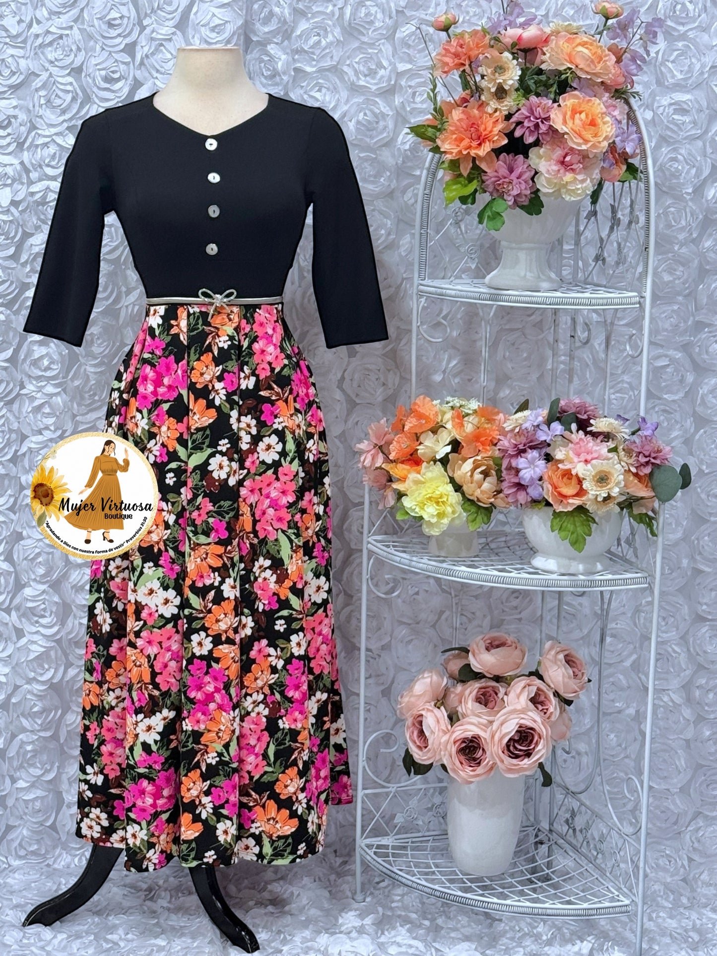 Black Floral Pleats Dress