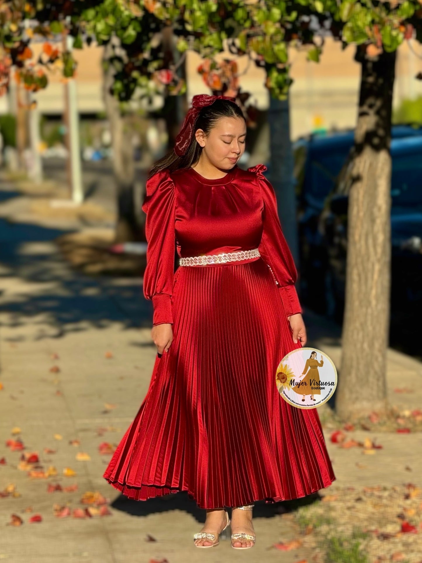 Litzy Burgundy Satin Pleated Dress