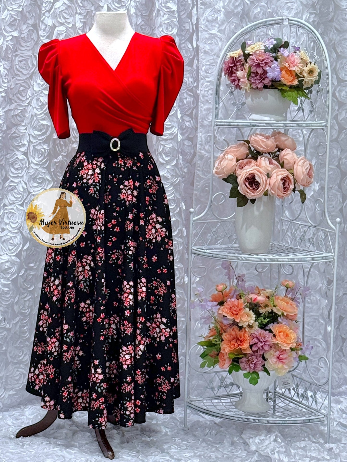 Susan Red & Black Small Flowers Dress