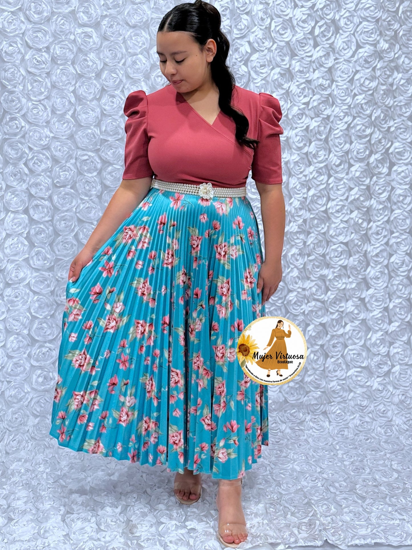 Mauve/Aqua Crepe & Satin Pleated Dress