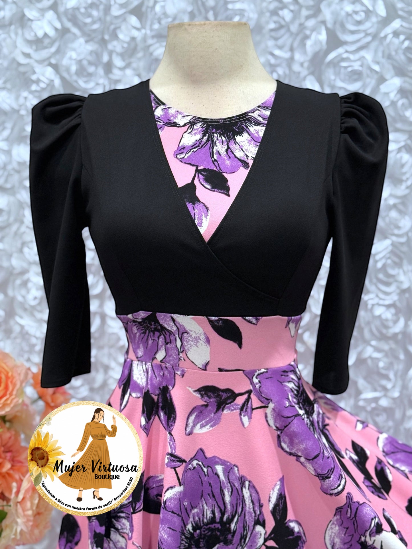Black & Pink Floral Midi Dress