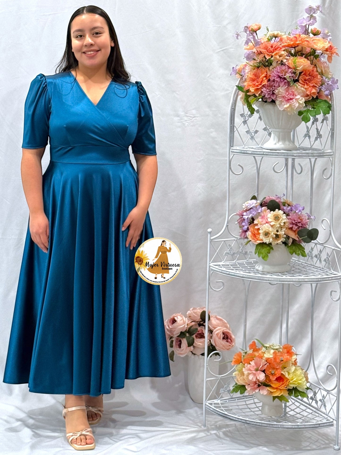 Genoveva All Teal Satin Dress