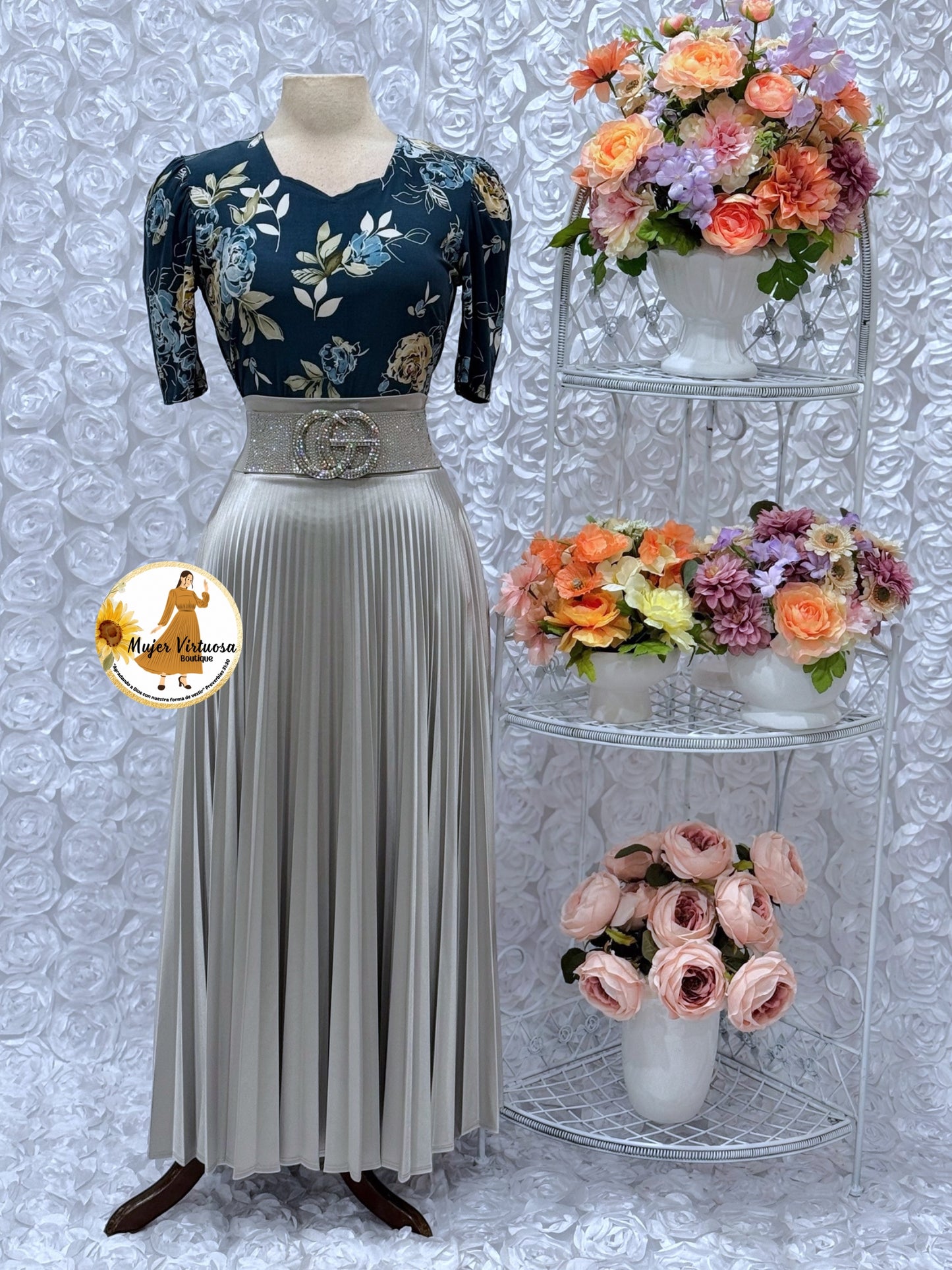 Silver Grey Pleated Satin Skirt