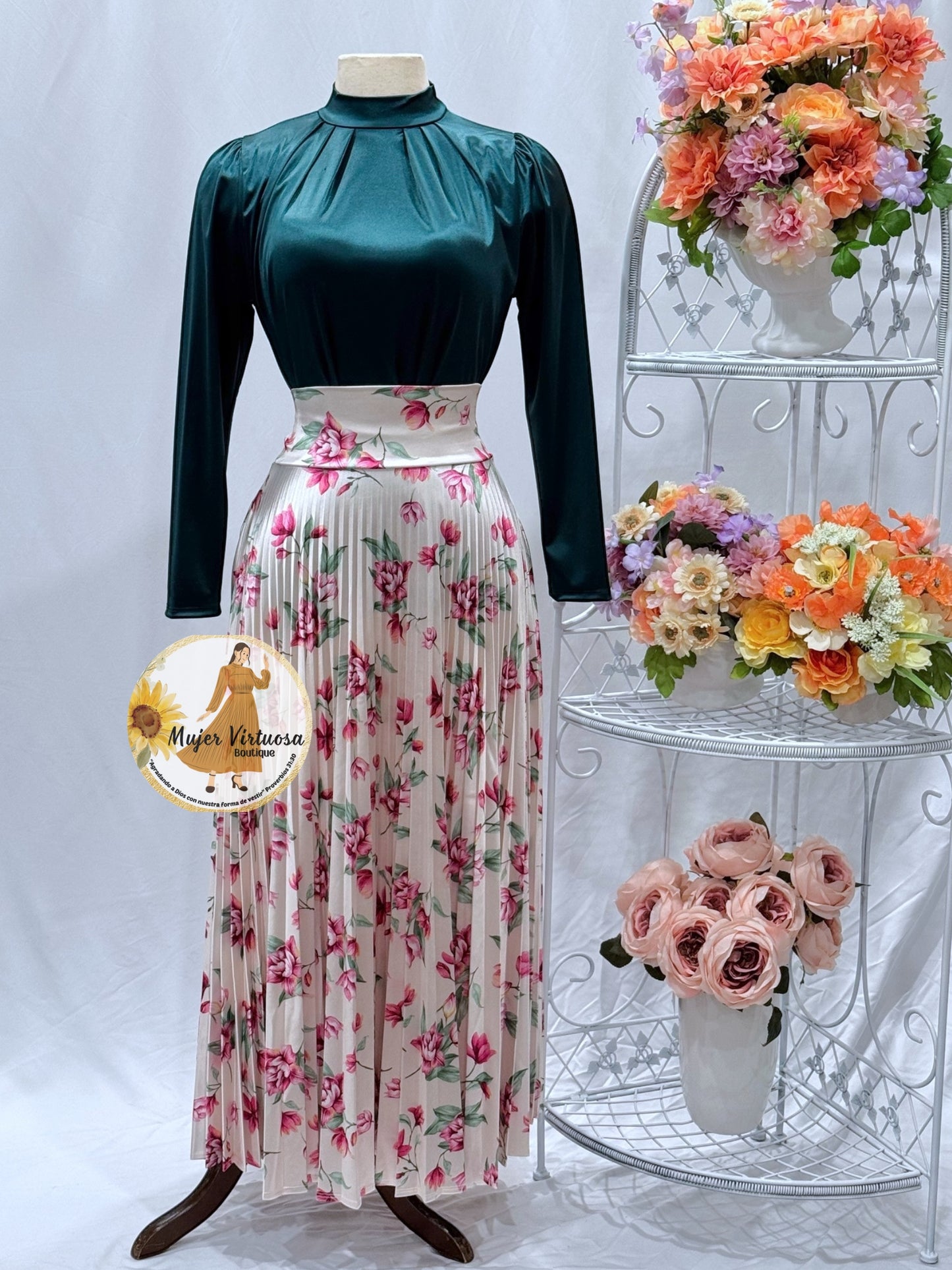 Ivory Floral Pleated Satin Skirt