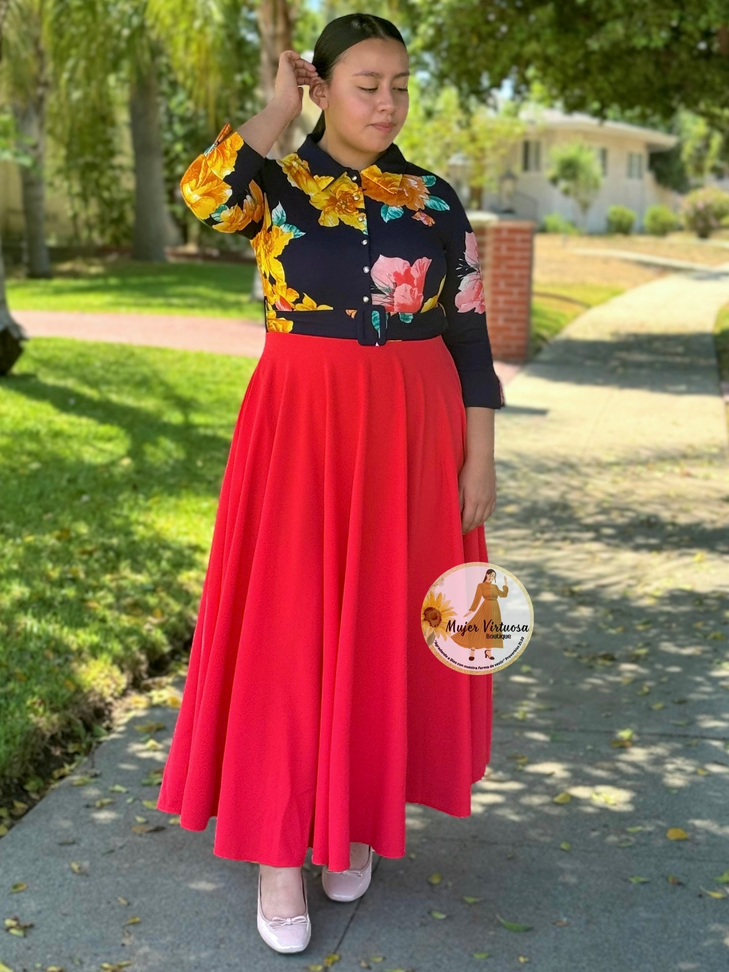 Hadassah Navy/Coral Belted Dress