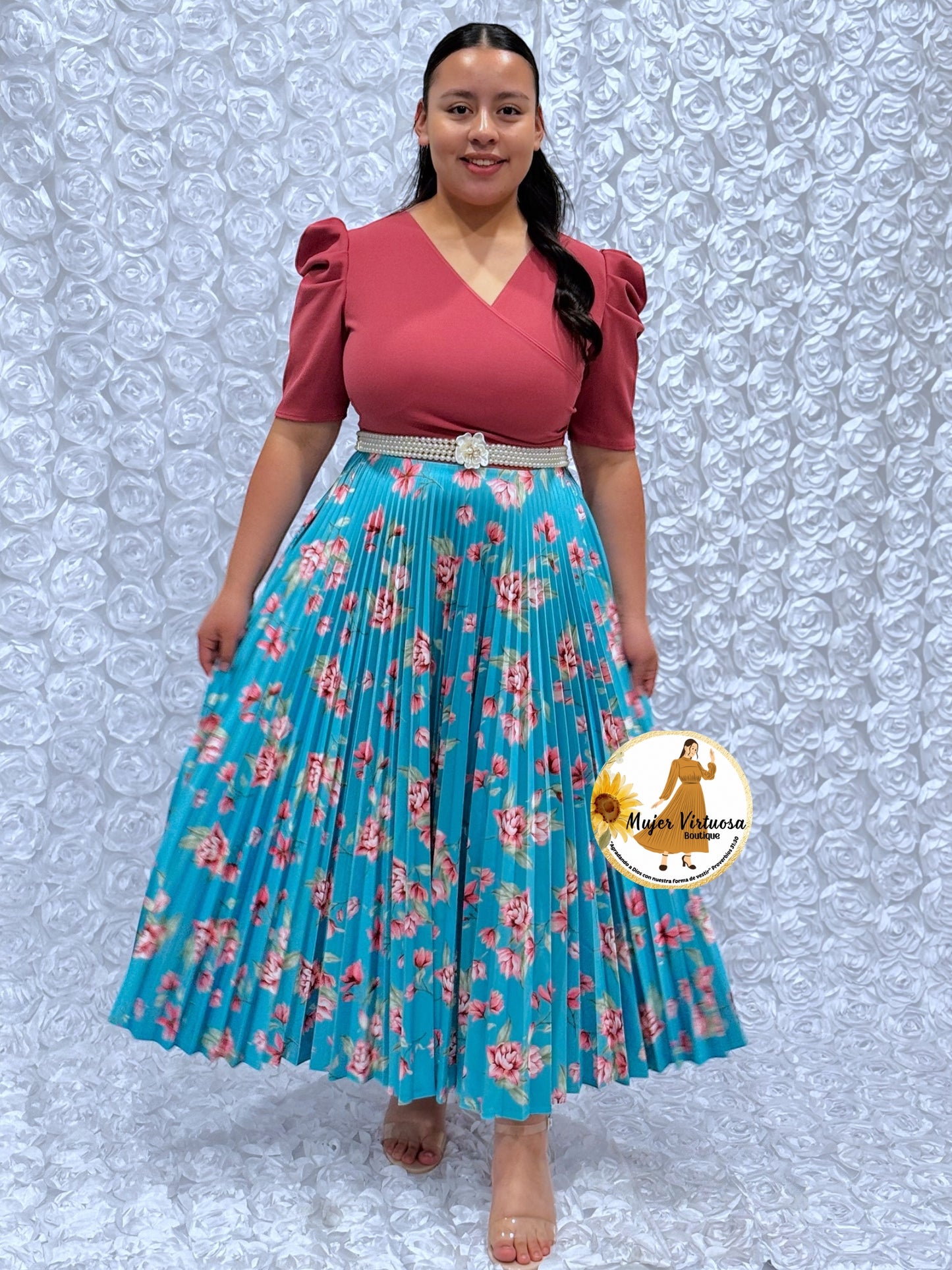 Mauve/Aqua Crepe & Satin Pleated Dress