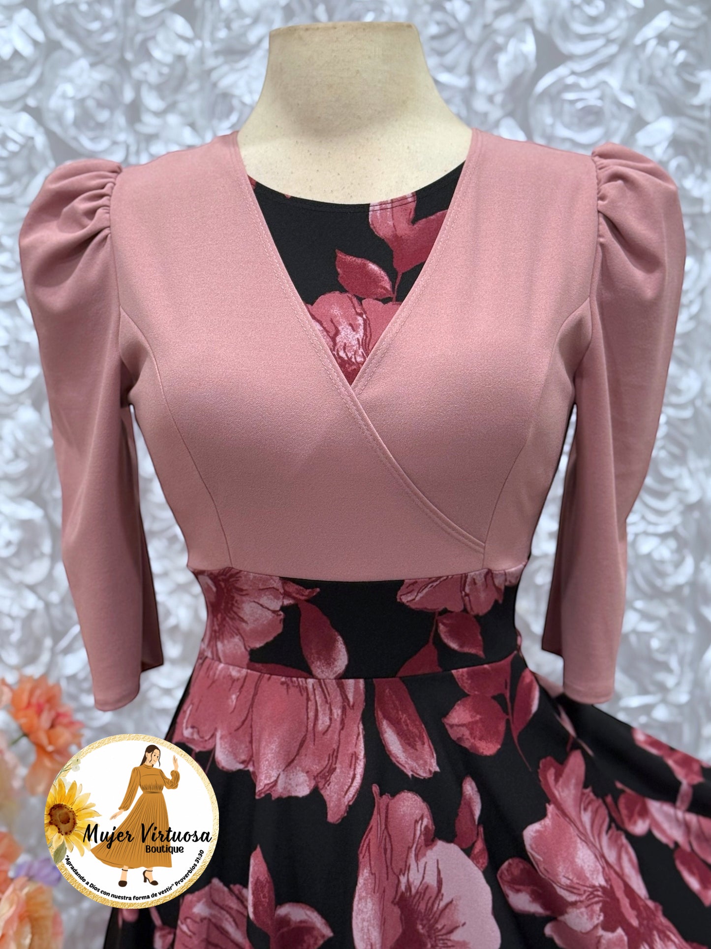 Mauve & Black Floral Midi Dress