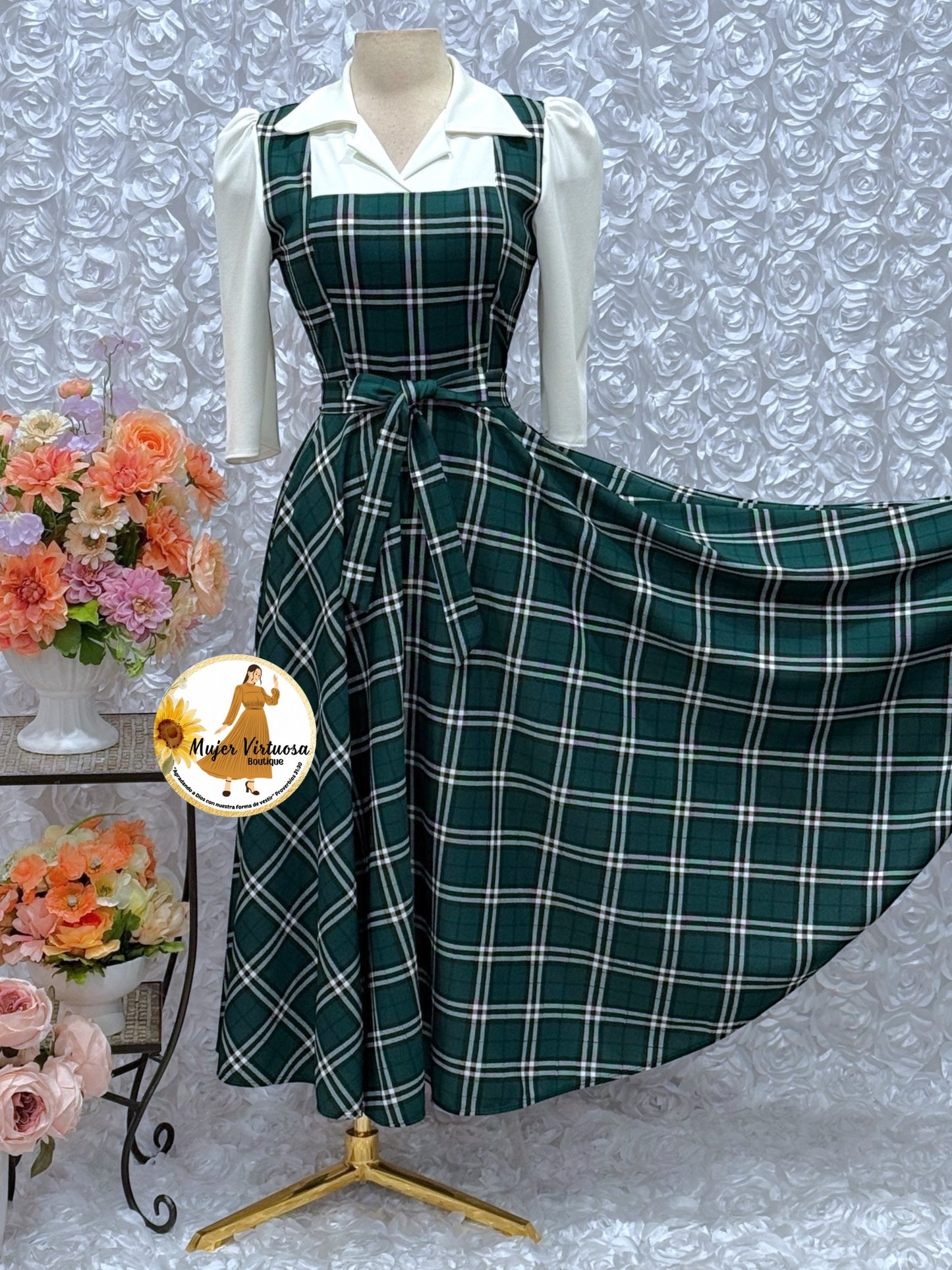 White/Green Plaid 2 in 1 Dress