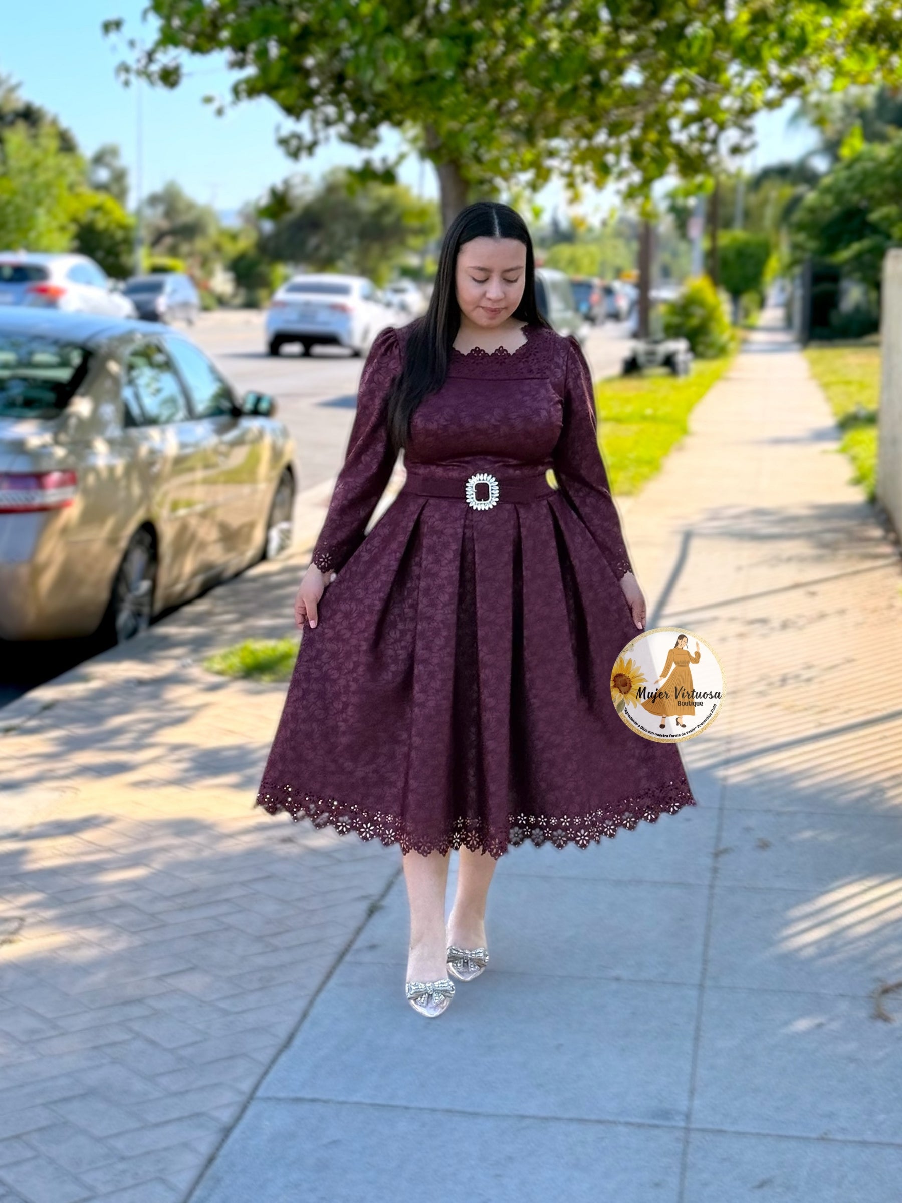 Wine Elegant Brocade Midi Dress  Mujer Virtuosa Boutique