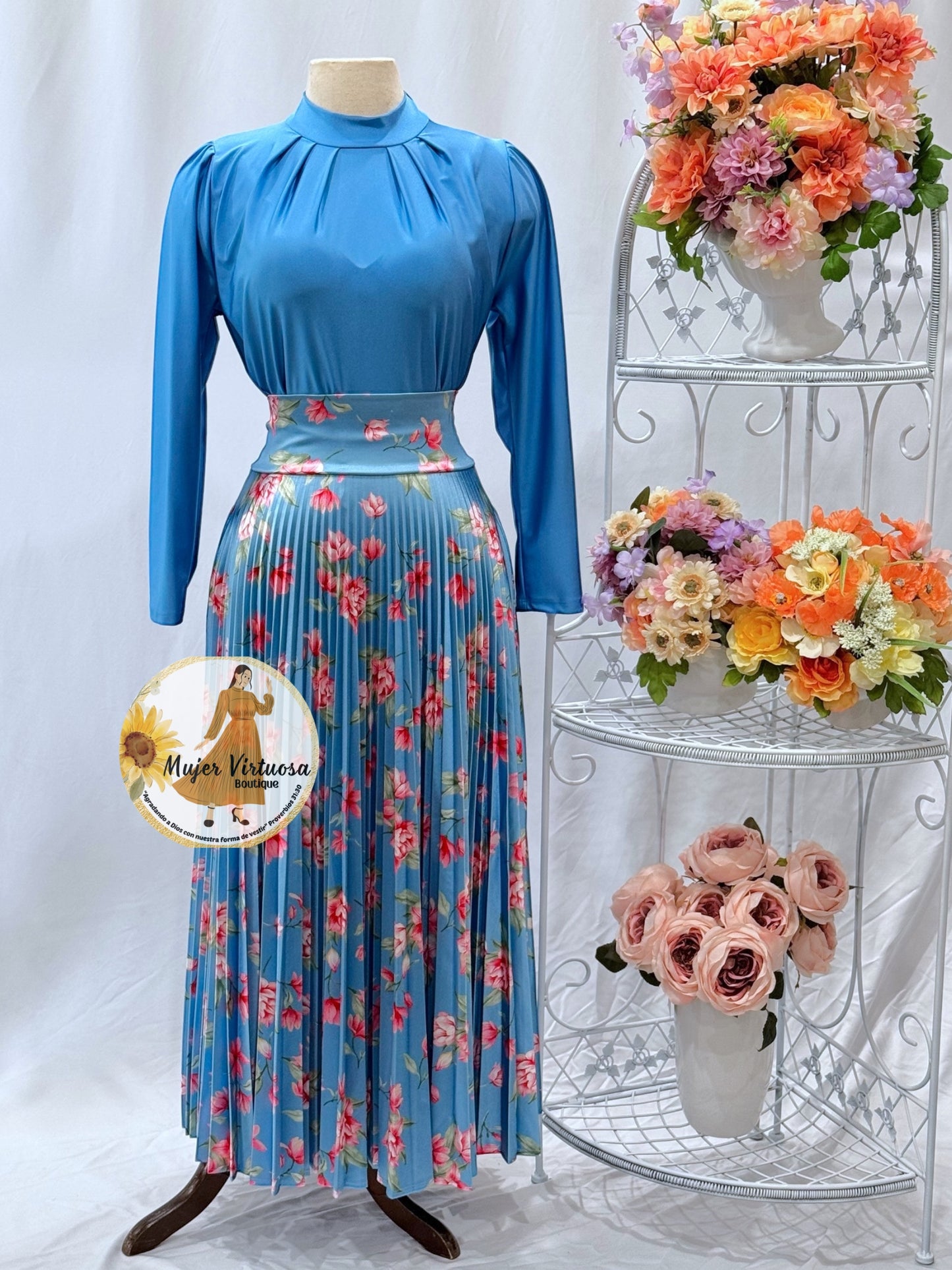 Baby Blue Floral Pleated Satin Skirt