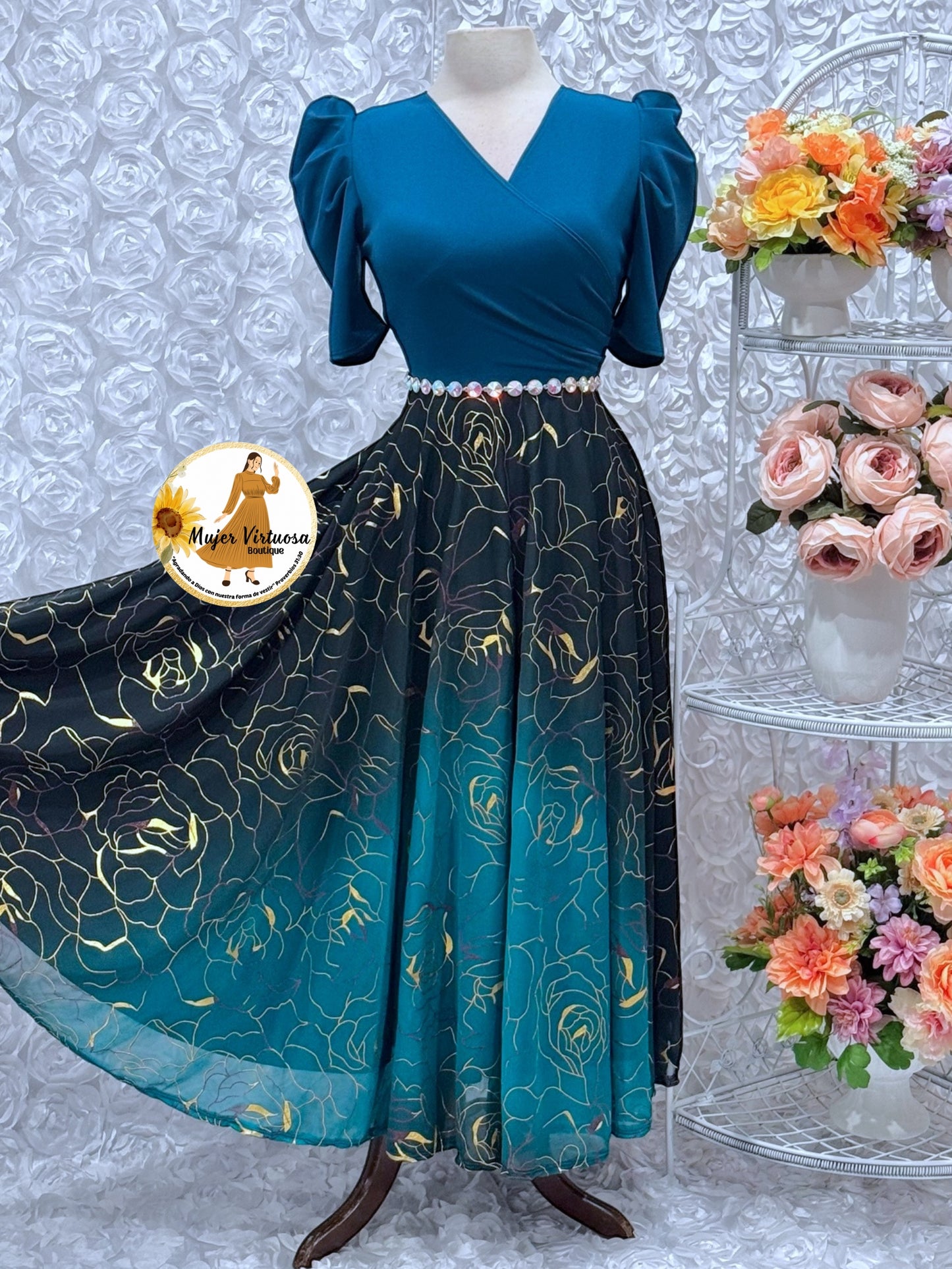 Susan Teal & Gold Ombre Mesh Dress