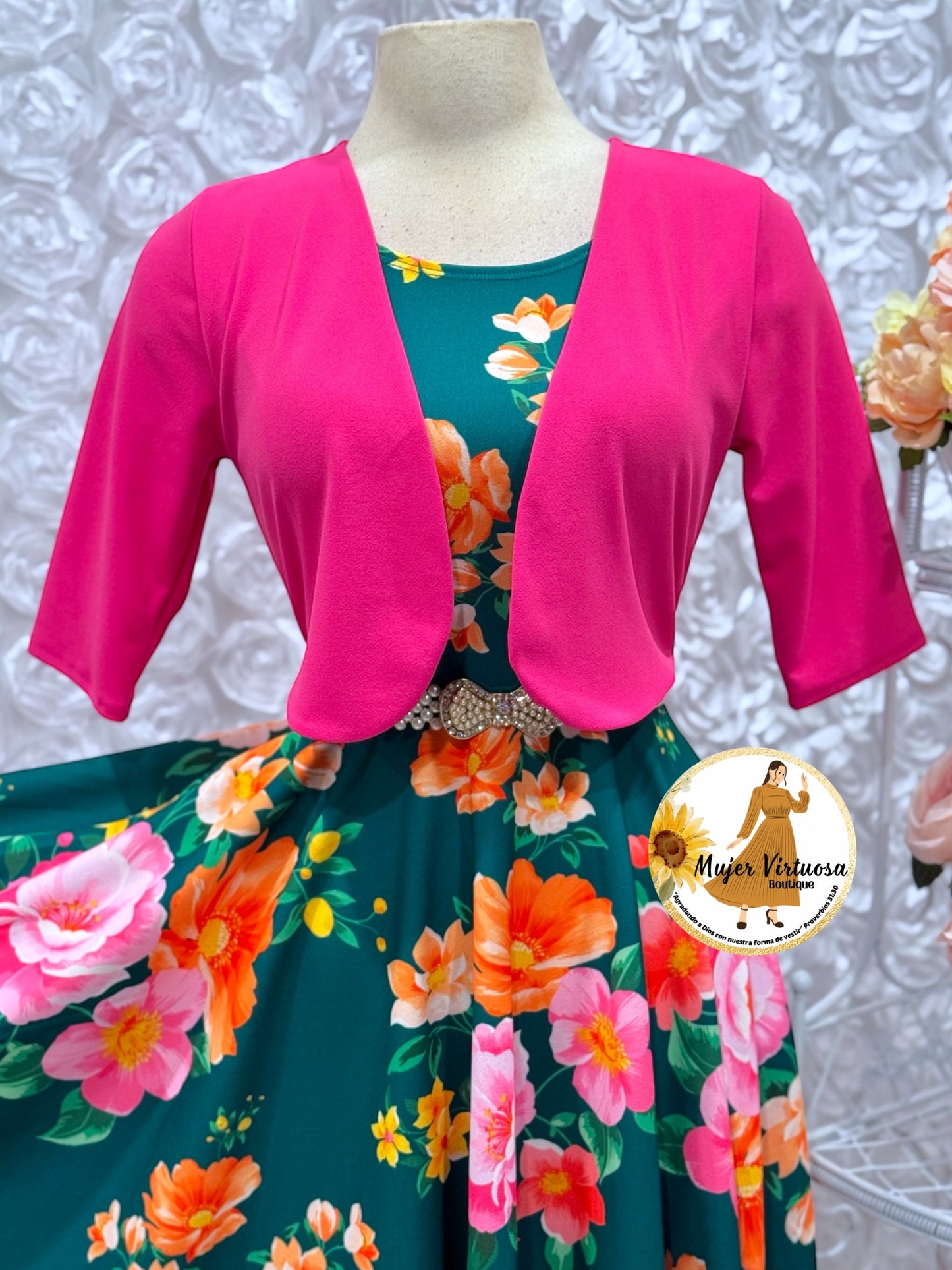 Clara Fucsia/Green Floral Midi Dress