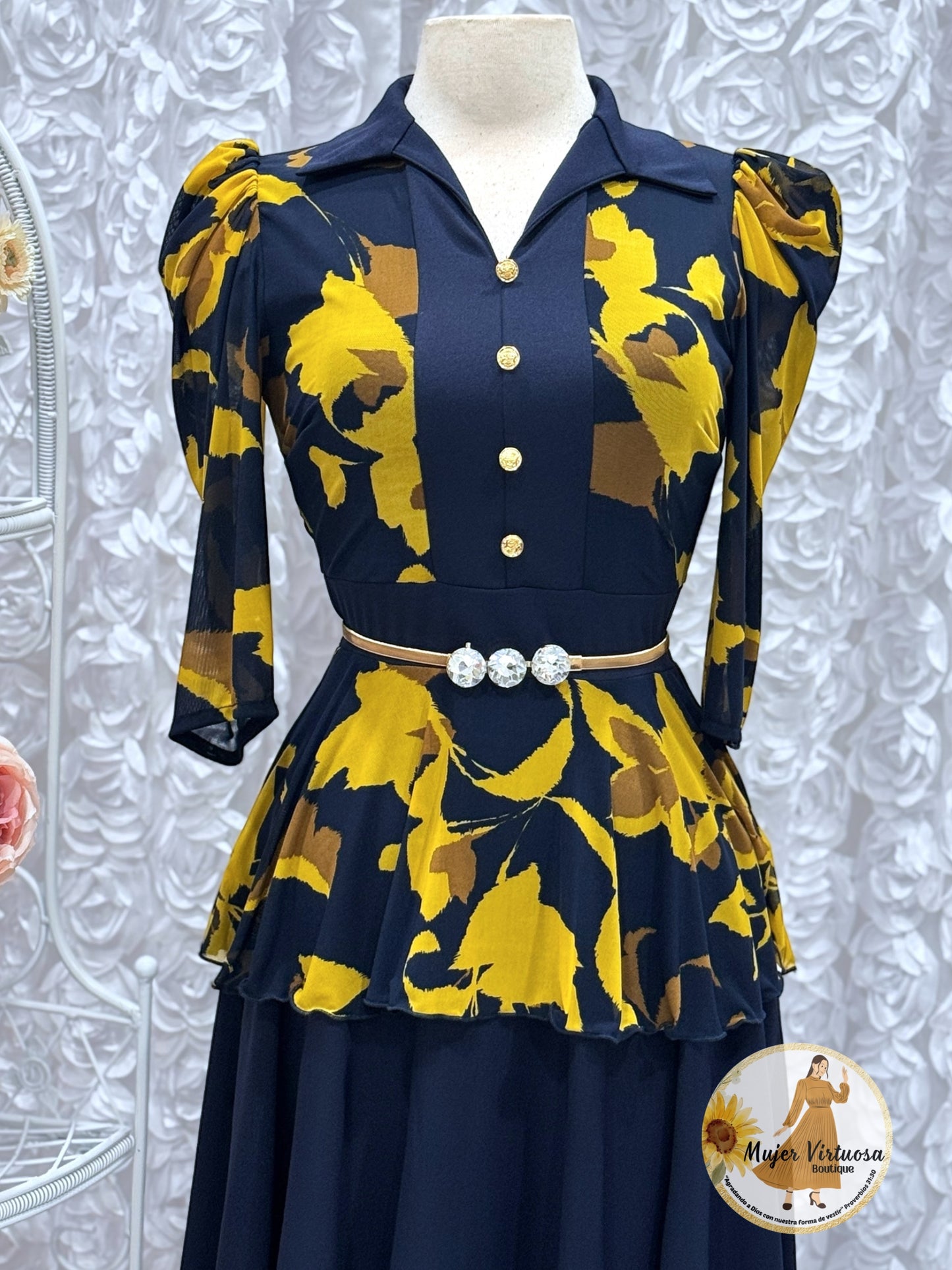 Analy Navy & Mustard Flowers Dress