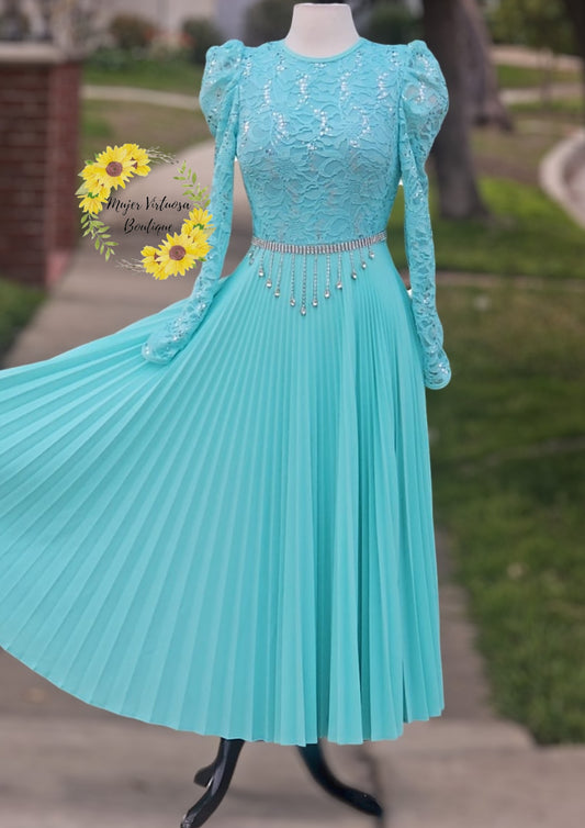 Ophelia Mint Pleated Lace Dress