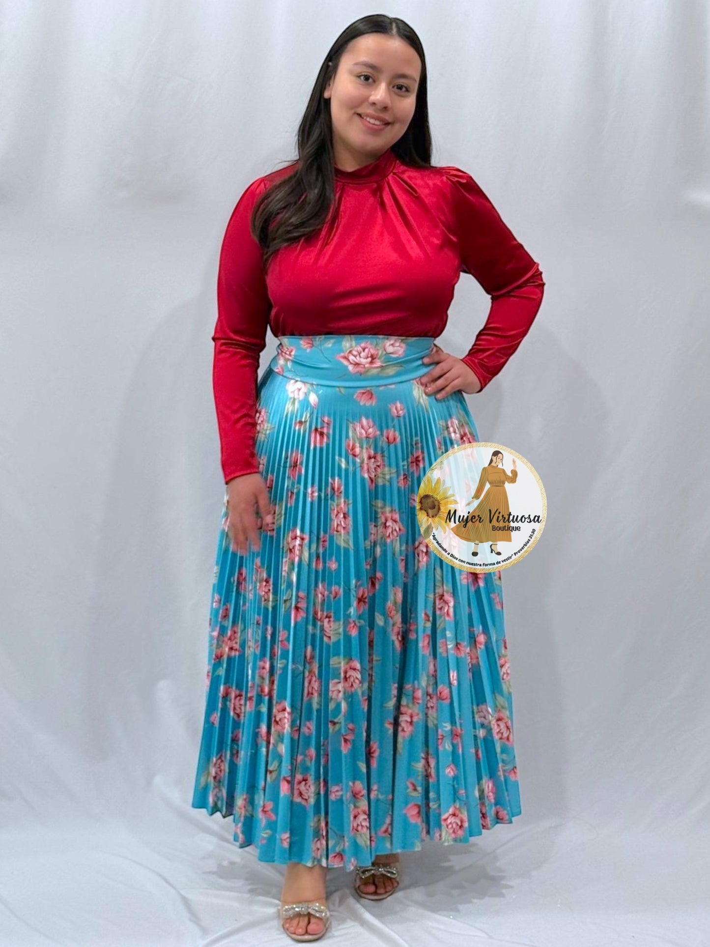 Aqua Floral Pleated Satin Skirt