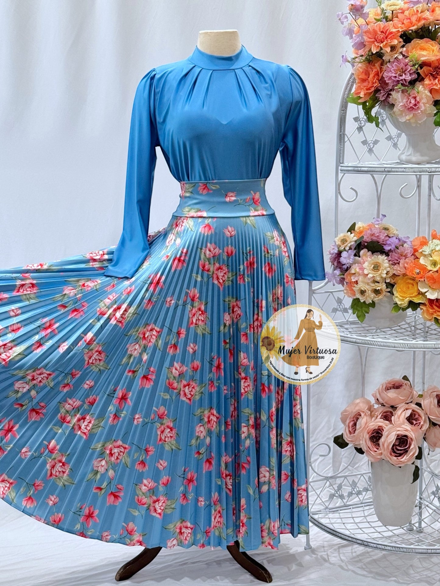 Baby Blue Floral Pleated Satin Skirt