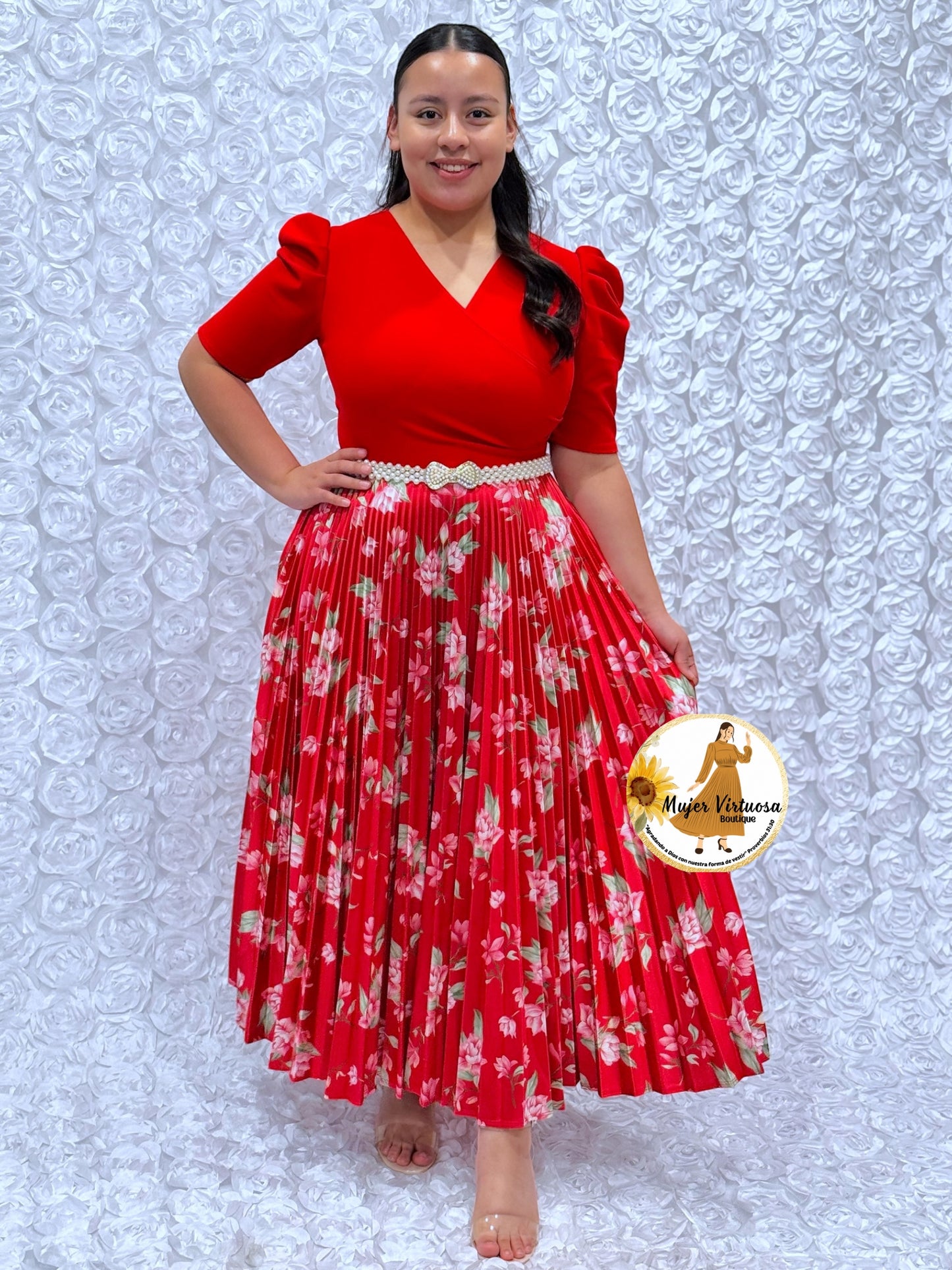 All Red Crepe & Satin Pleated Dress