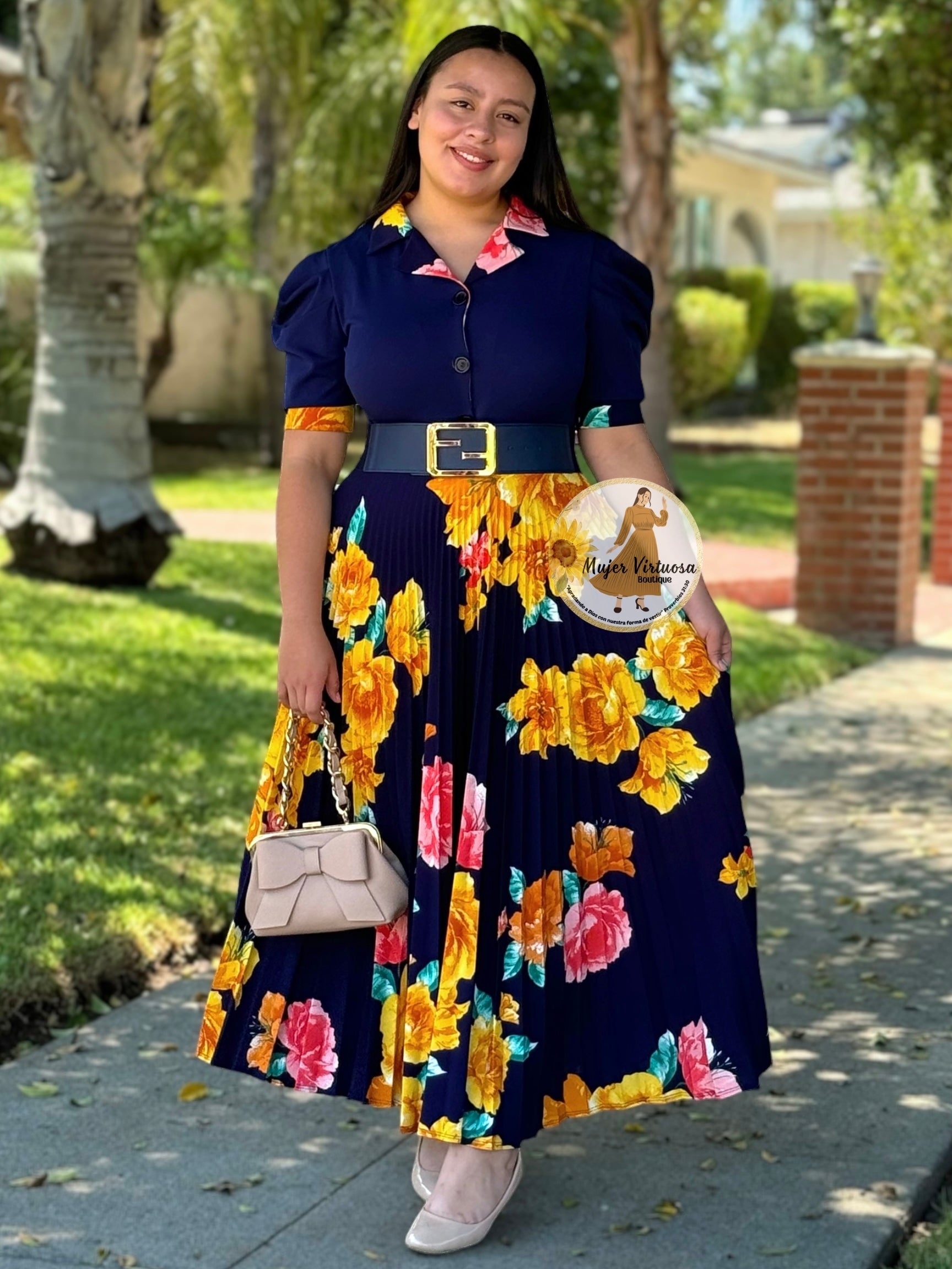 navy pleated floral dress Deanna Pleated Floral Dress