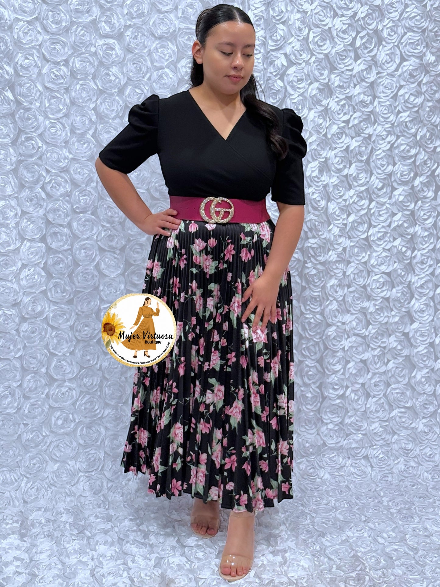 All Black Crepe & Satin Pleated Dress