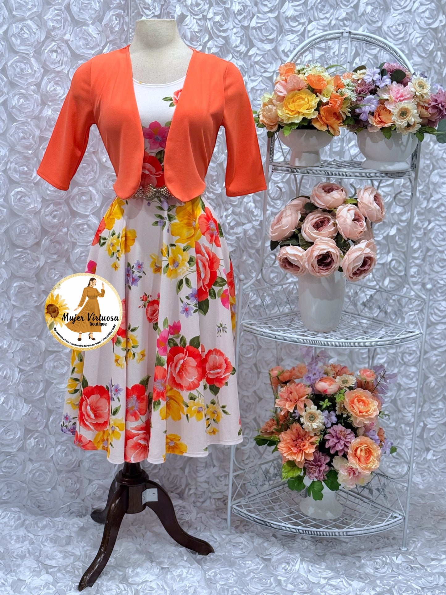 Clara Orange/White Floral Midi Dress