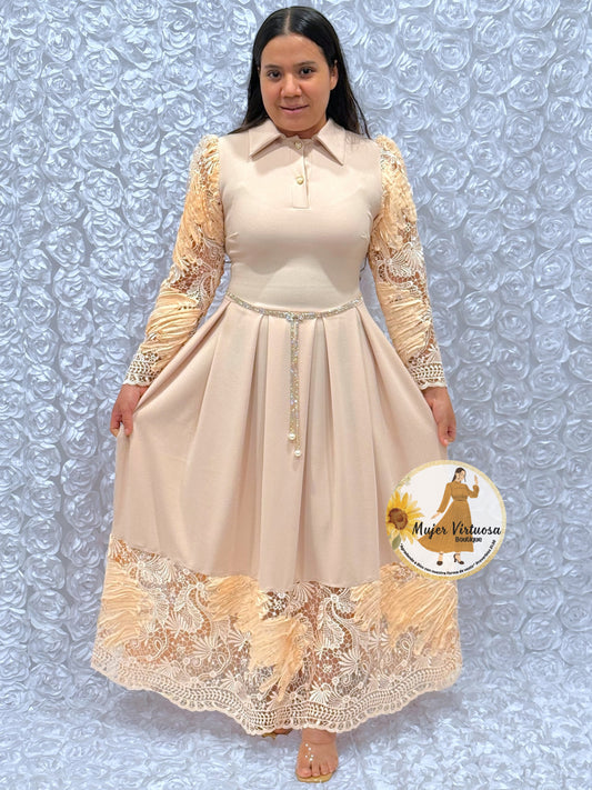 Belinda Oatmeal Pleated Dress