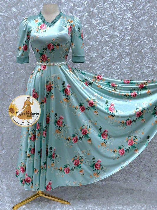 Vivian Sage Satin Floral Dress
