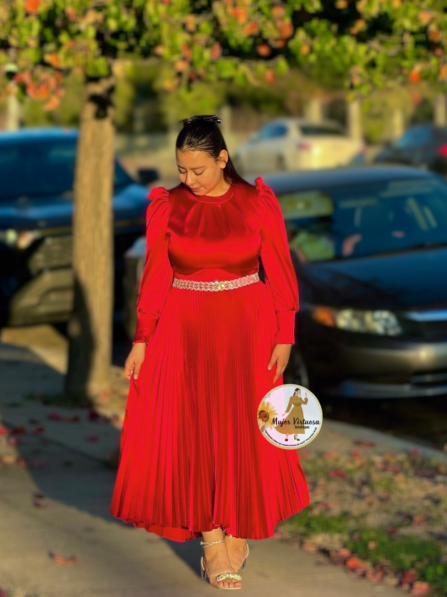 Litzy Red Satin Pleated Dress