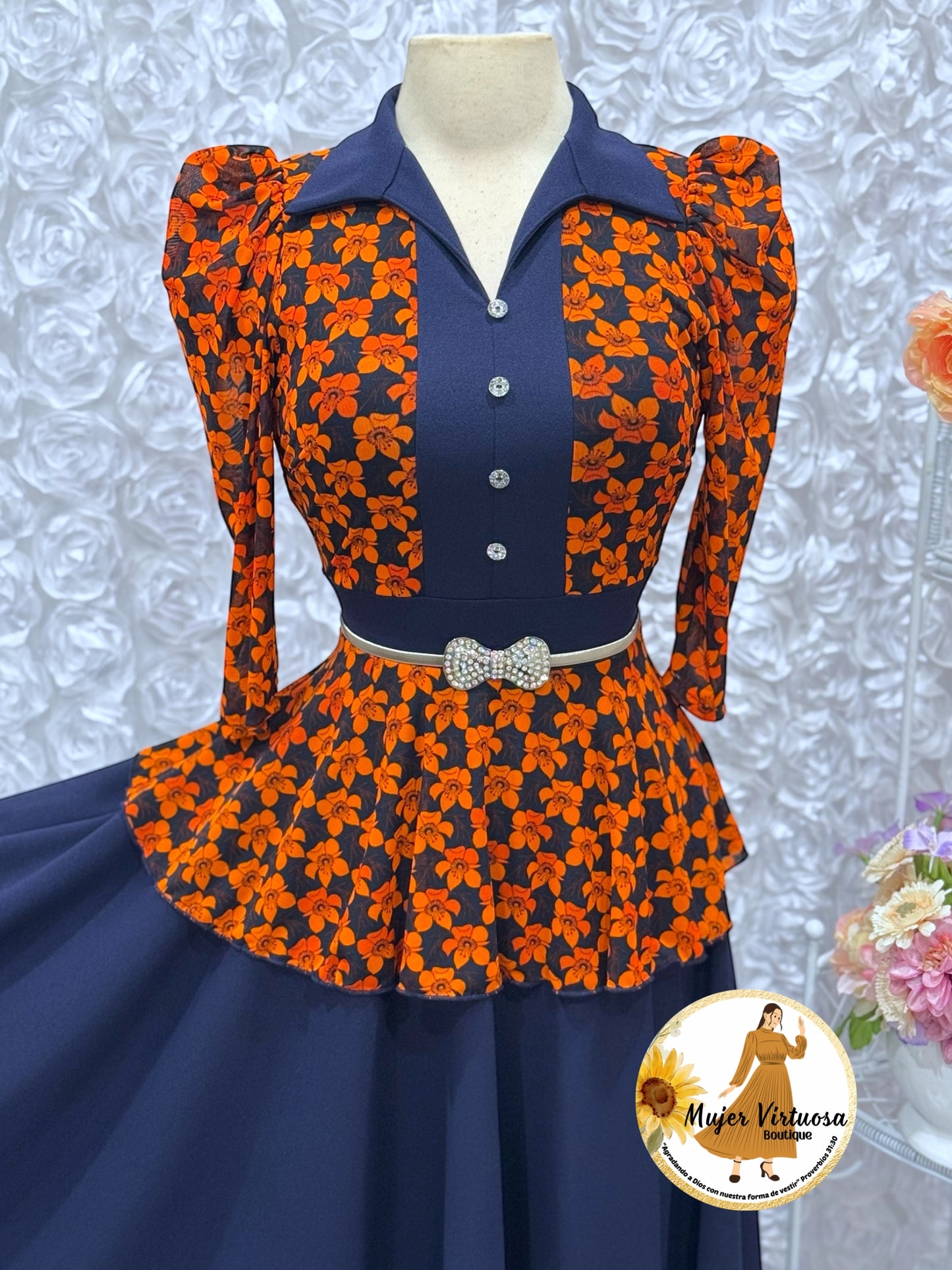 Analy Navy/Orange Floral Dress