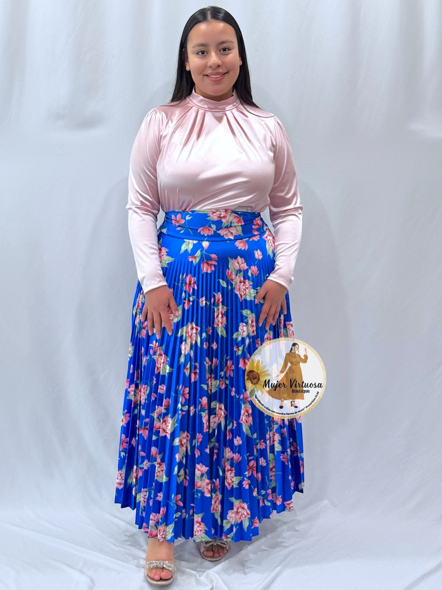 Royal Floral Pleated Satin Skirt