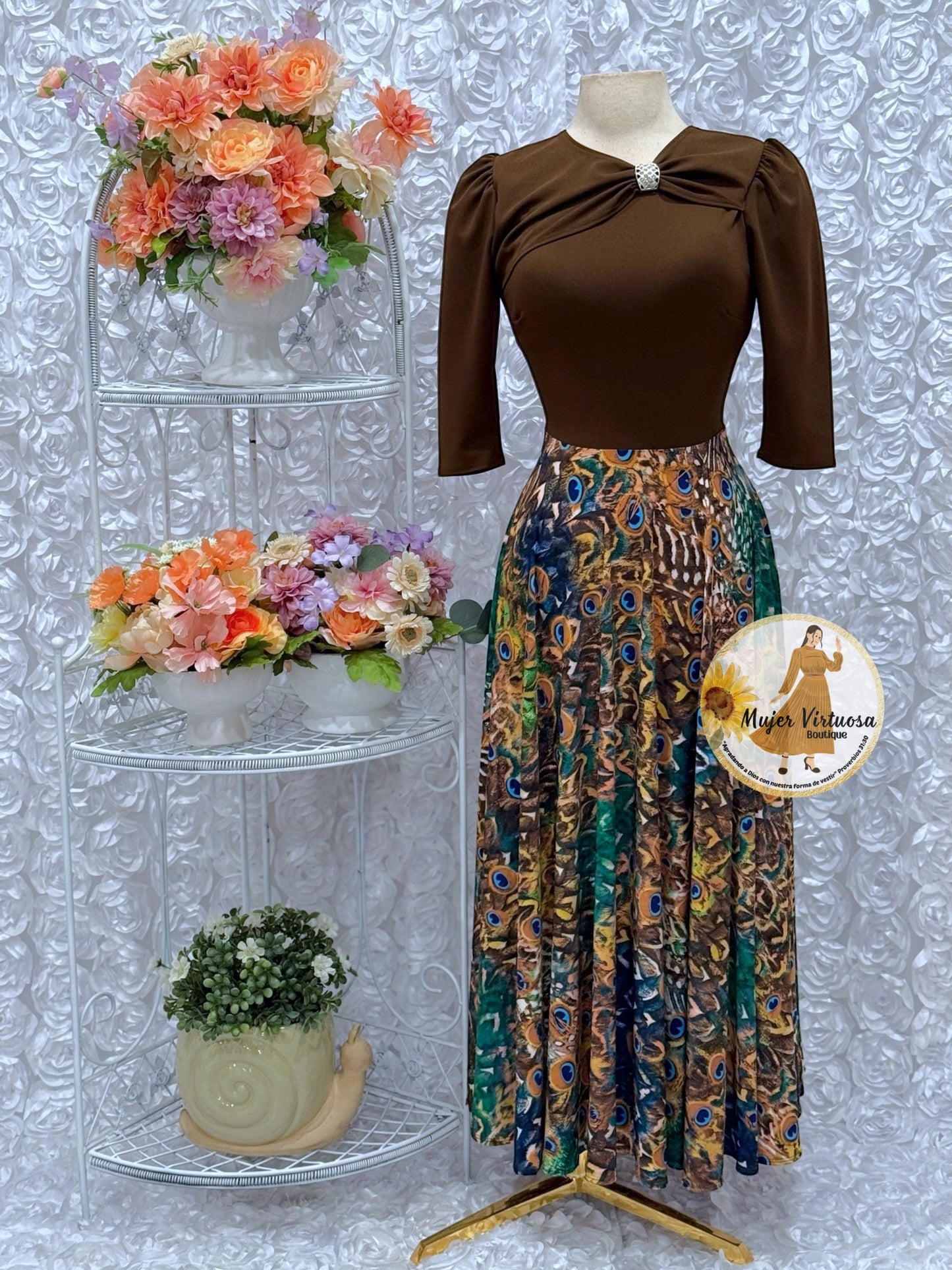 Rosalie Brown Peacock Print Dress