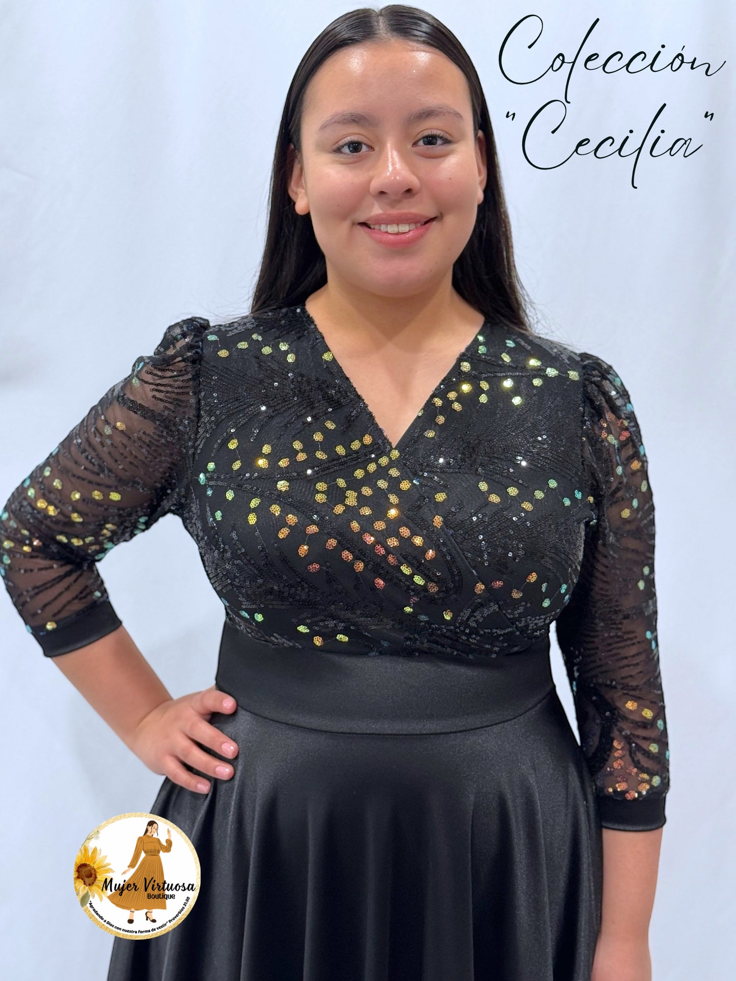 Cecilia Black Sequin Satin Dress