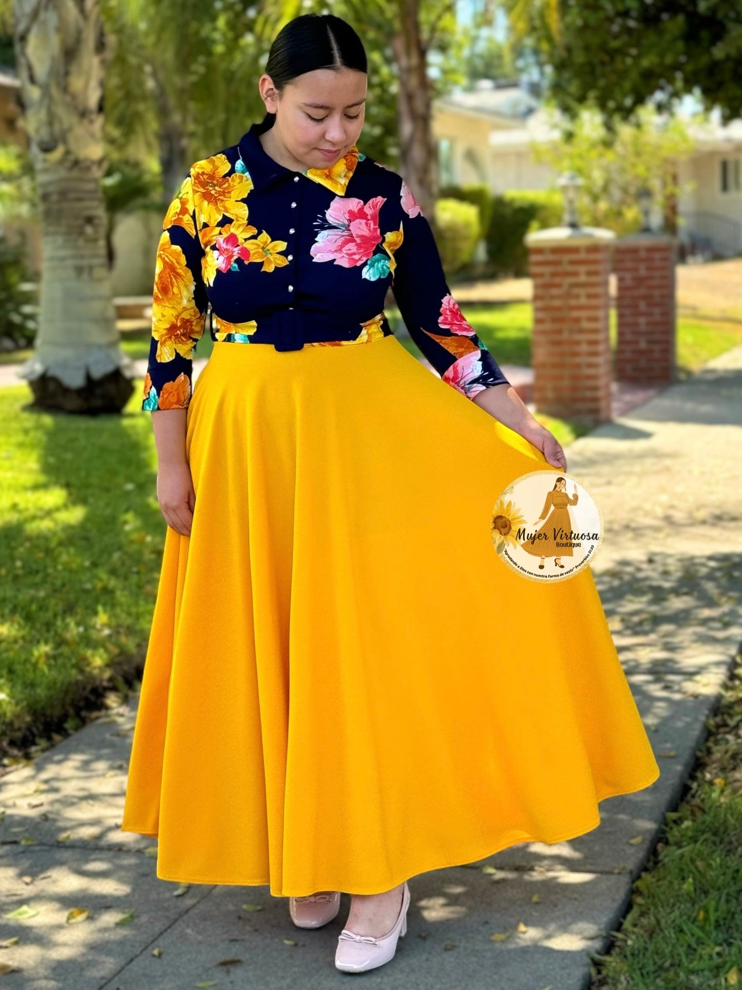 Hadassah Mustard Belted Floral Dress