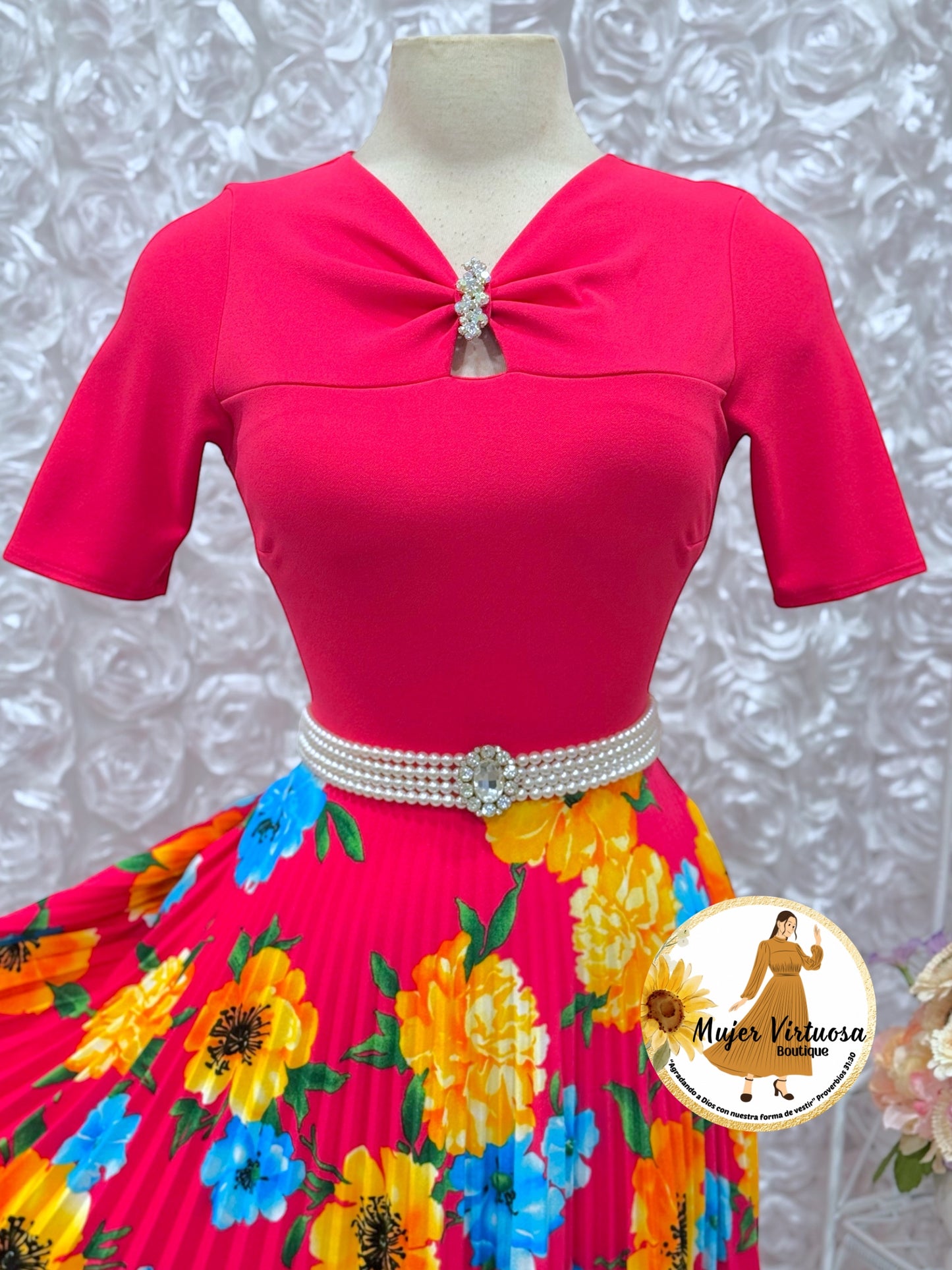 Sandy Fucsia Floral Pleated Dress