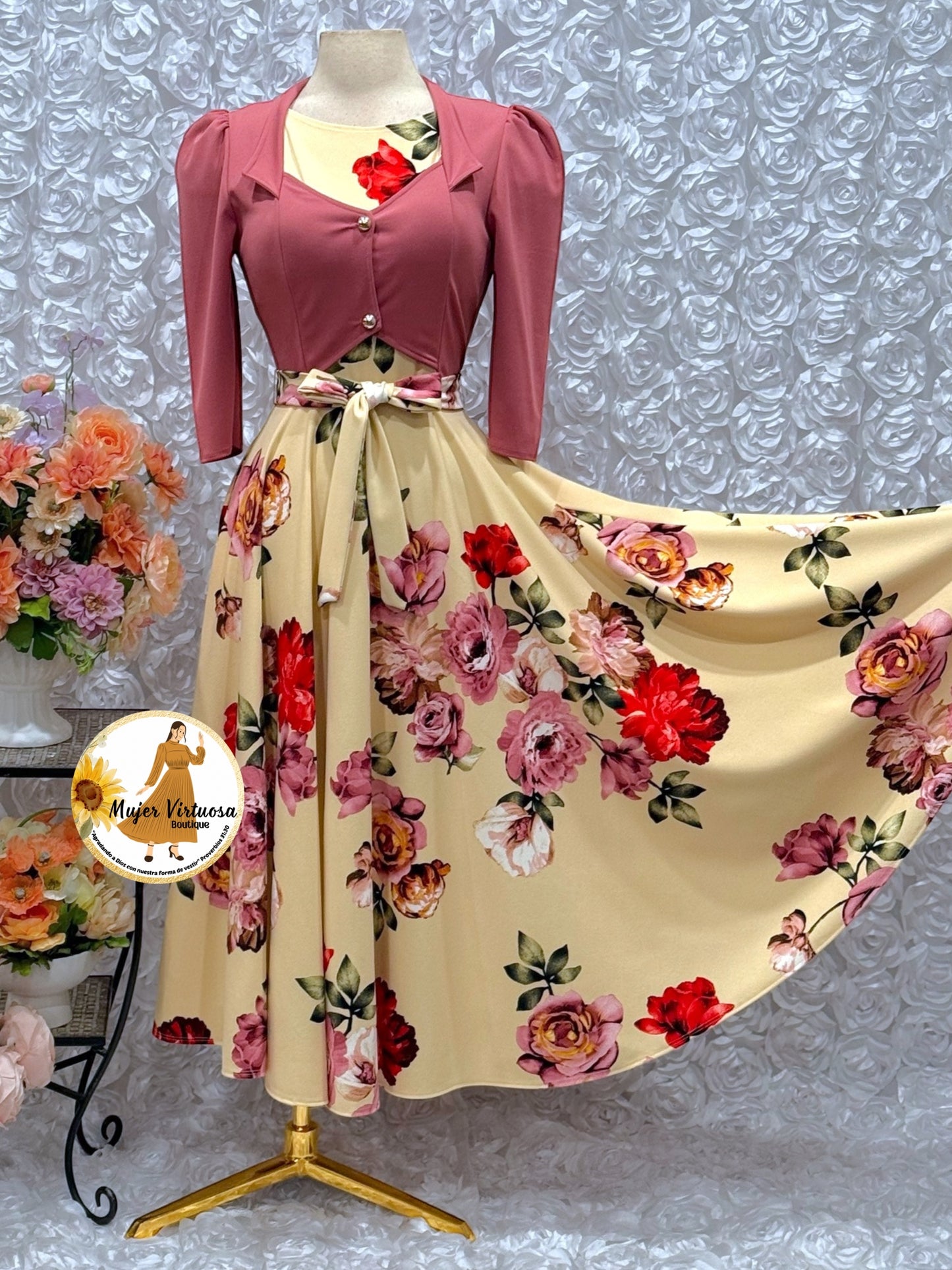 Mauve/Ivory Floral Vest Dress