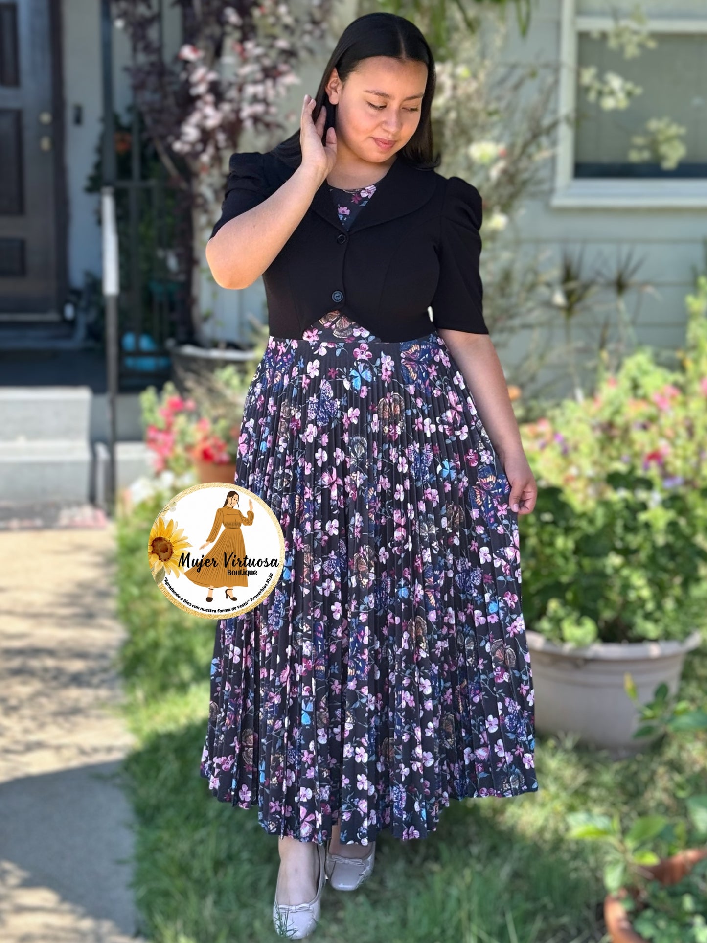 Esther Black Butterfly Pleated Dress