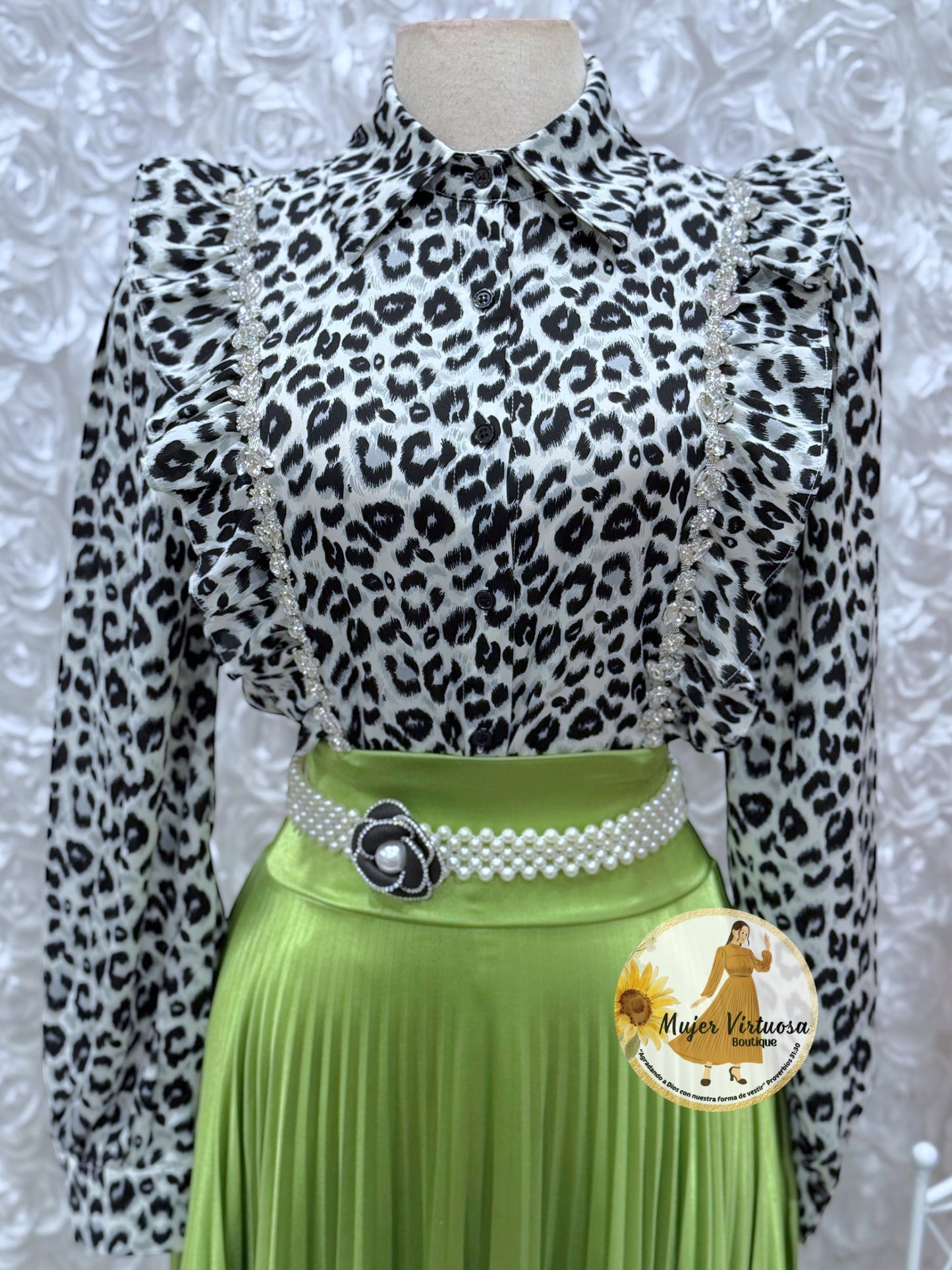 Cinto de Perlas Flor Negro Brillante