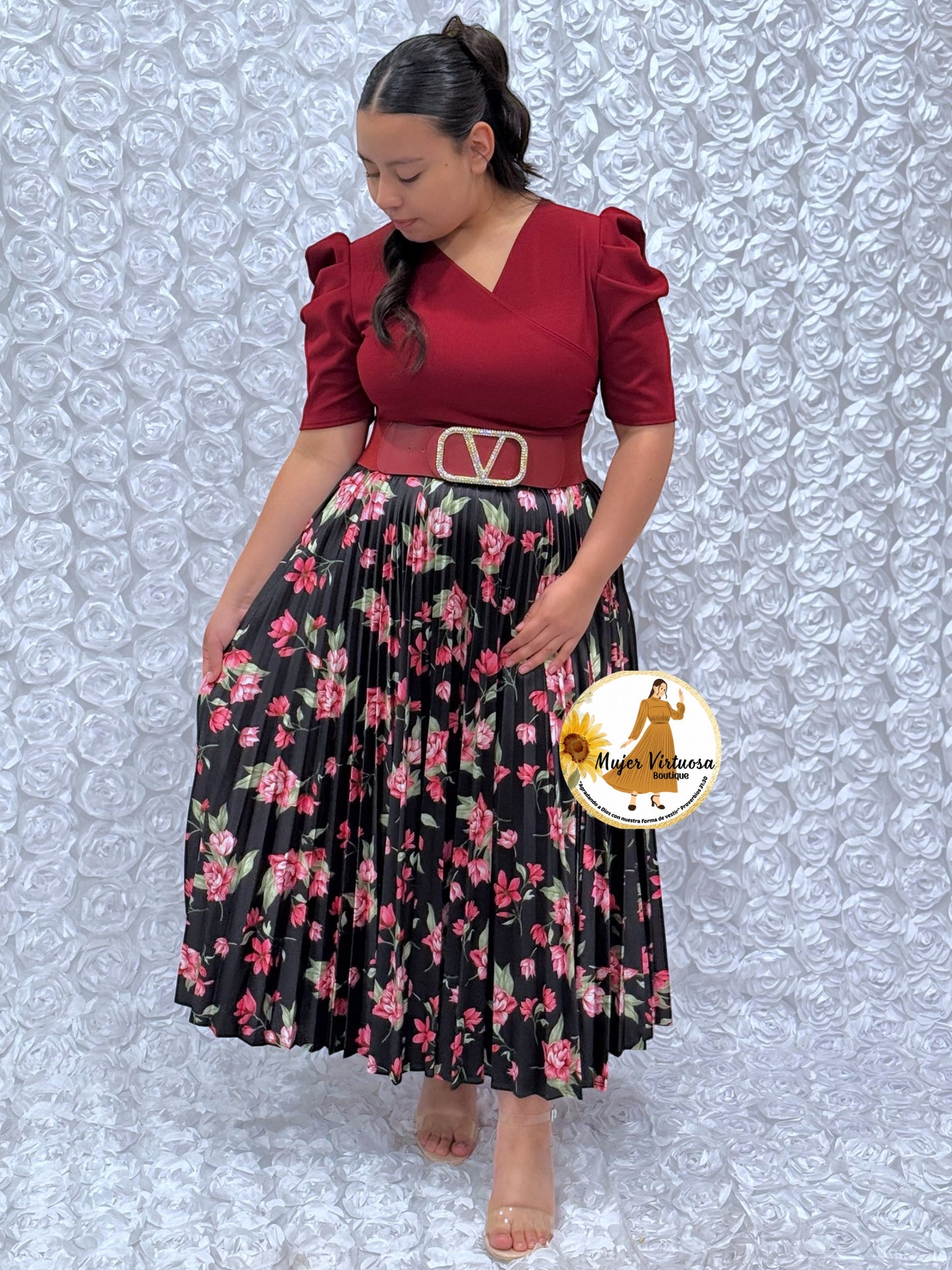 Burgundy/Black Crepe & Satin Pleated Dress