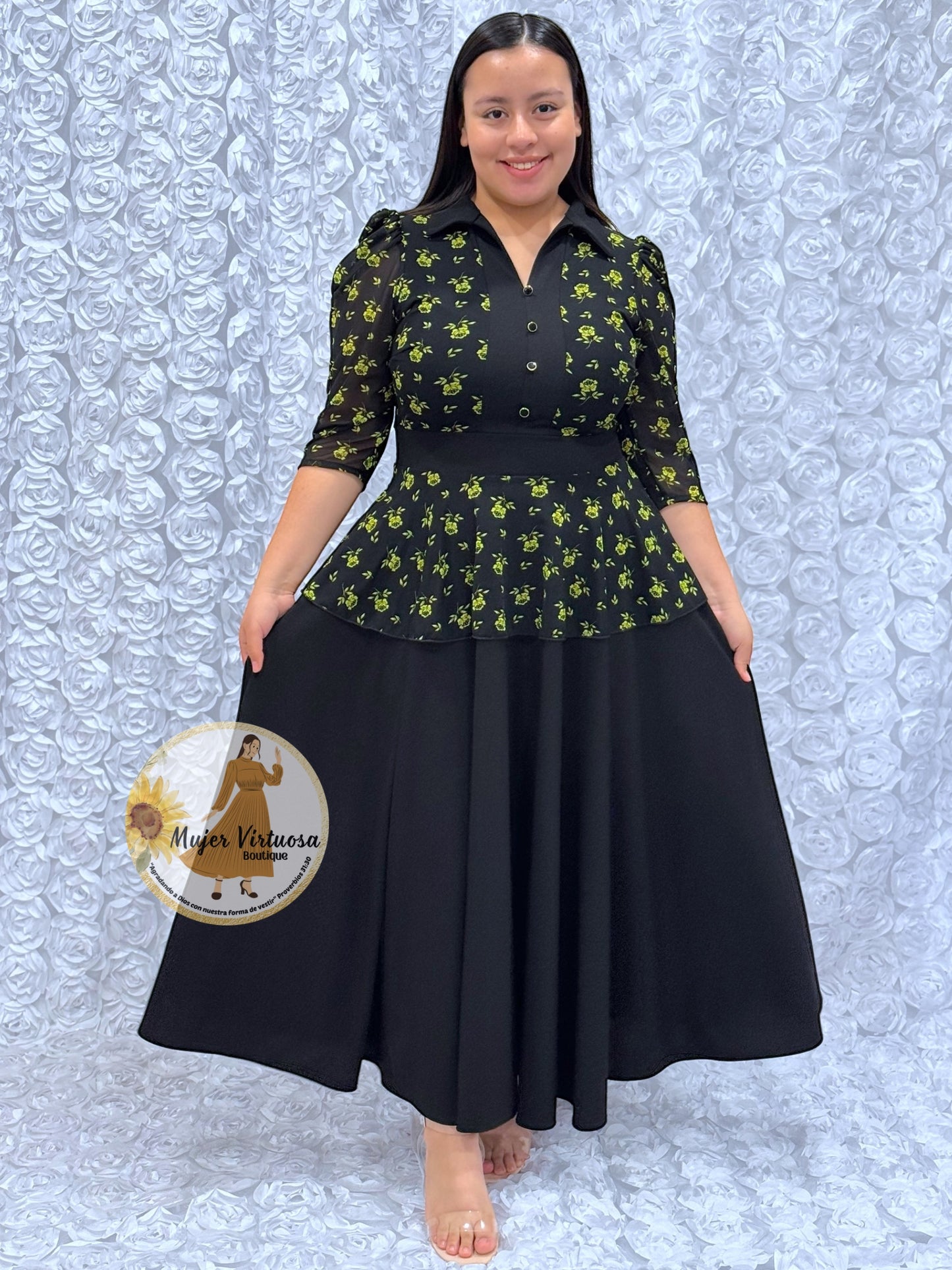 Analy Black & Lime Flowers Dress