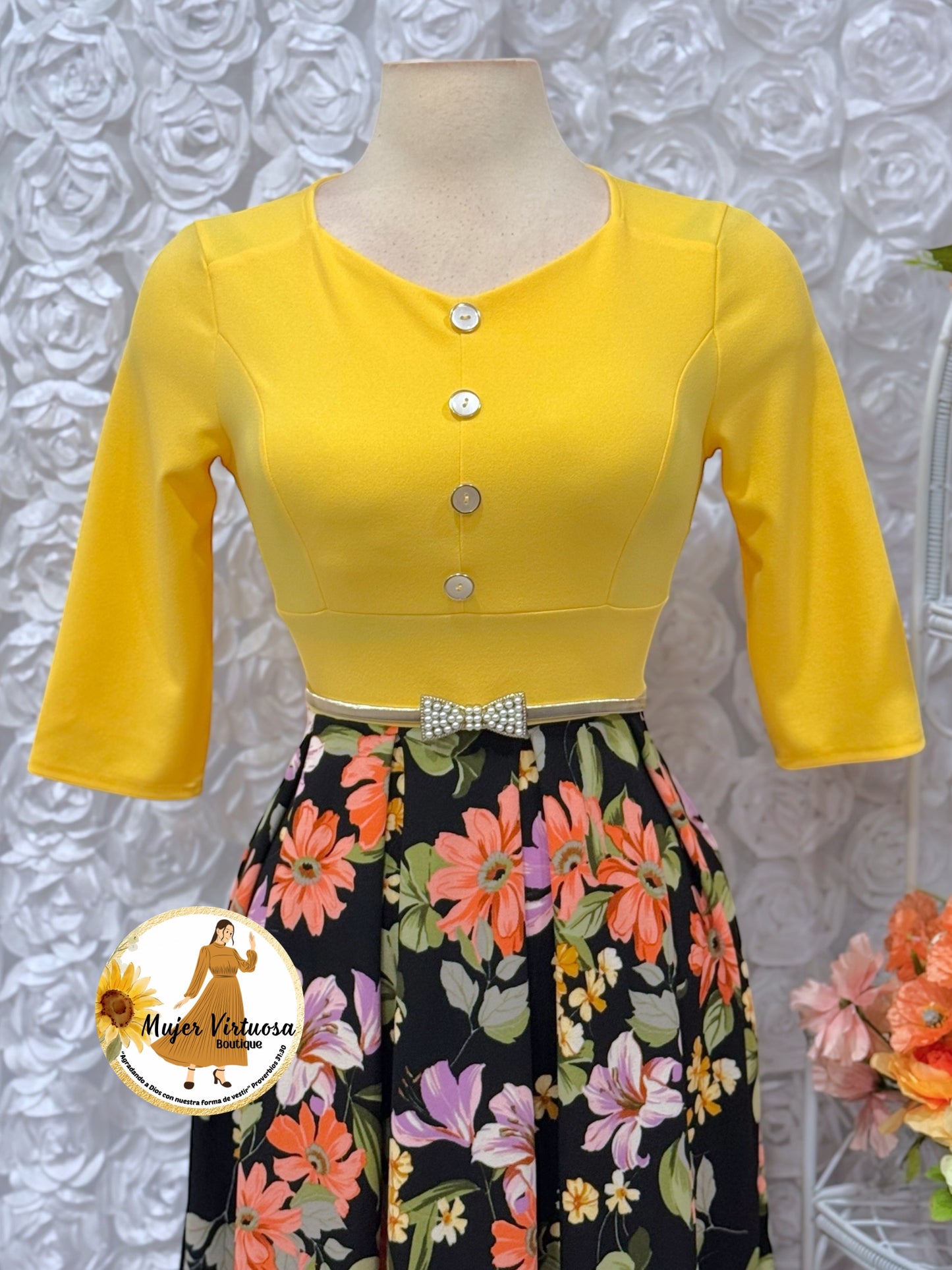 Canary Yellow Floral Pleats Dress