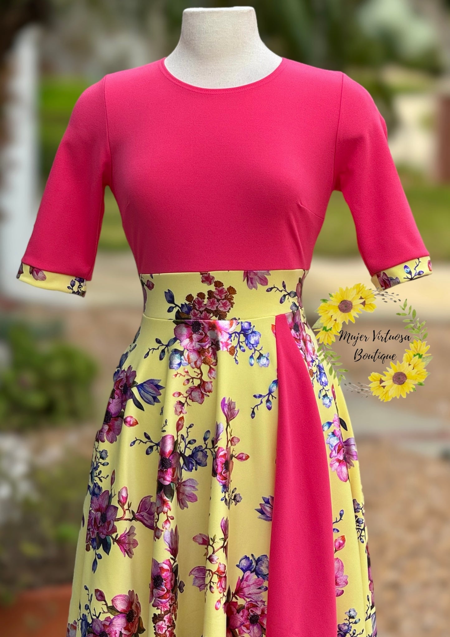 Coral & Yellow Foil Print “Andrea” Dress