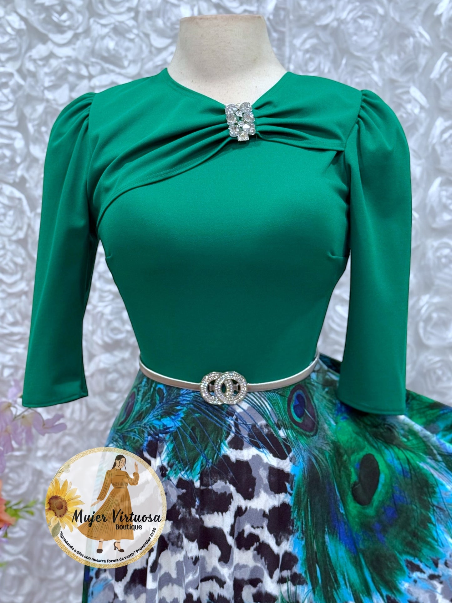 Rosalie Green Peacock Print Dress