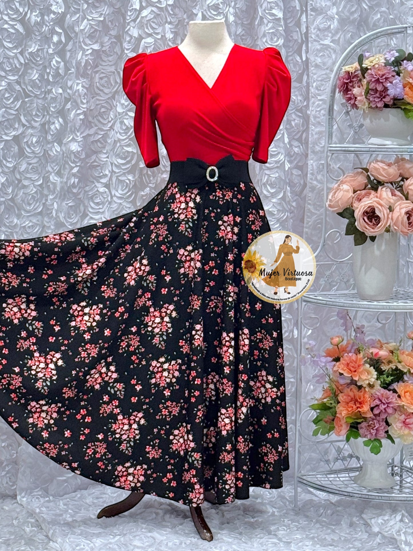 Susan Red & Black Small Flowers Dress