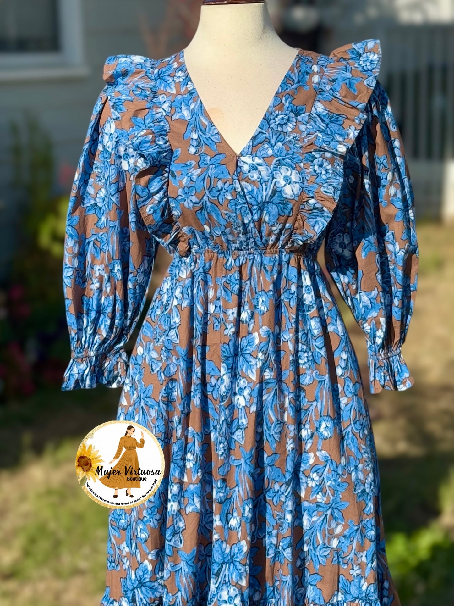 Mocha/Blue Floral Midi Dress