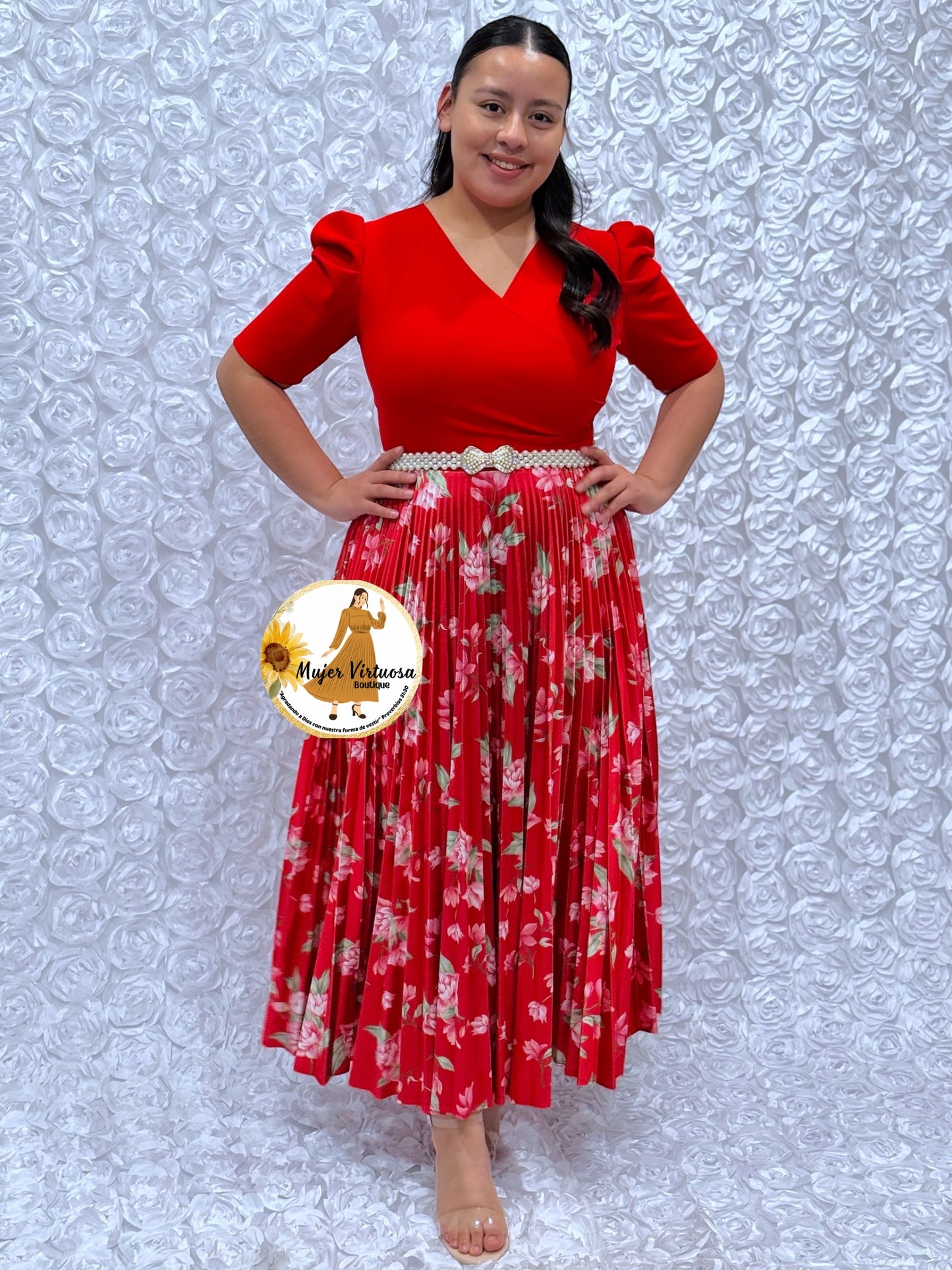 All Red Crepe & Satin Pleated Dress
