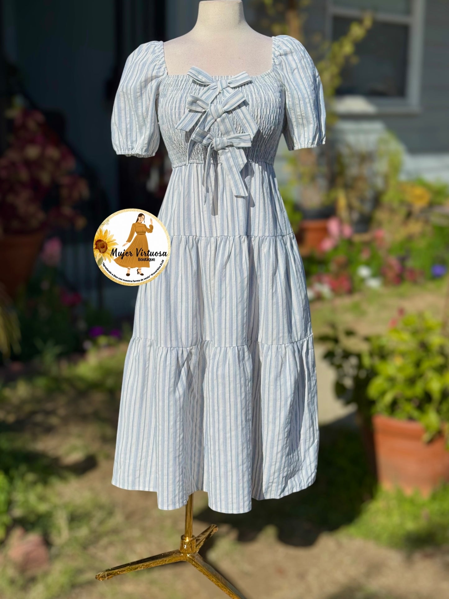 Three Bows White & Blue Striped Dress