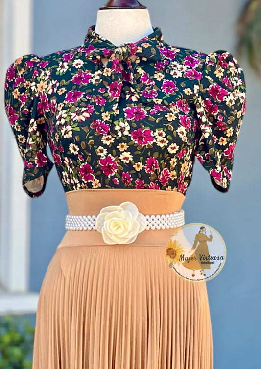 Green Floral Bow Tie Top