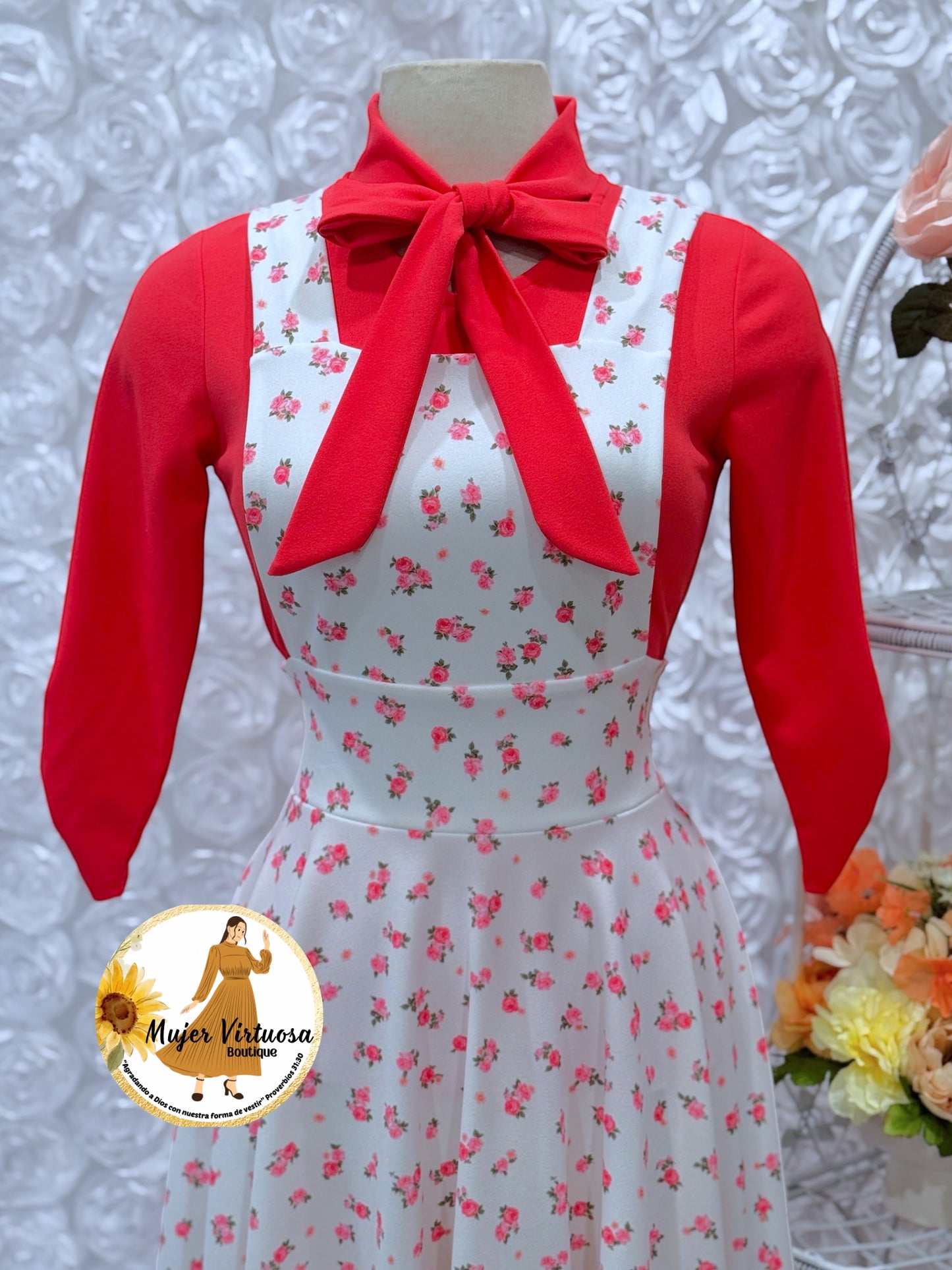 Angie Coral & White Ditsy Floral Overall