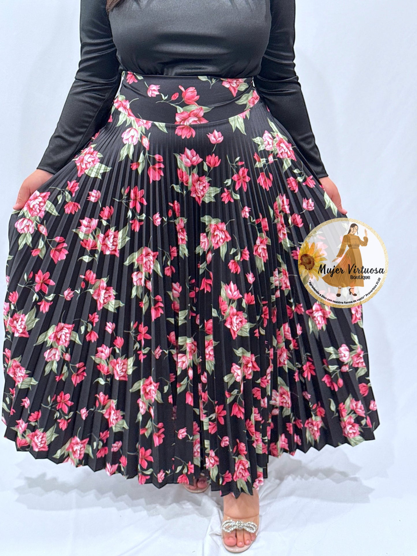 Black & Red Flowers Pleated Satin Skirt