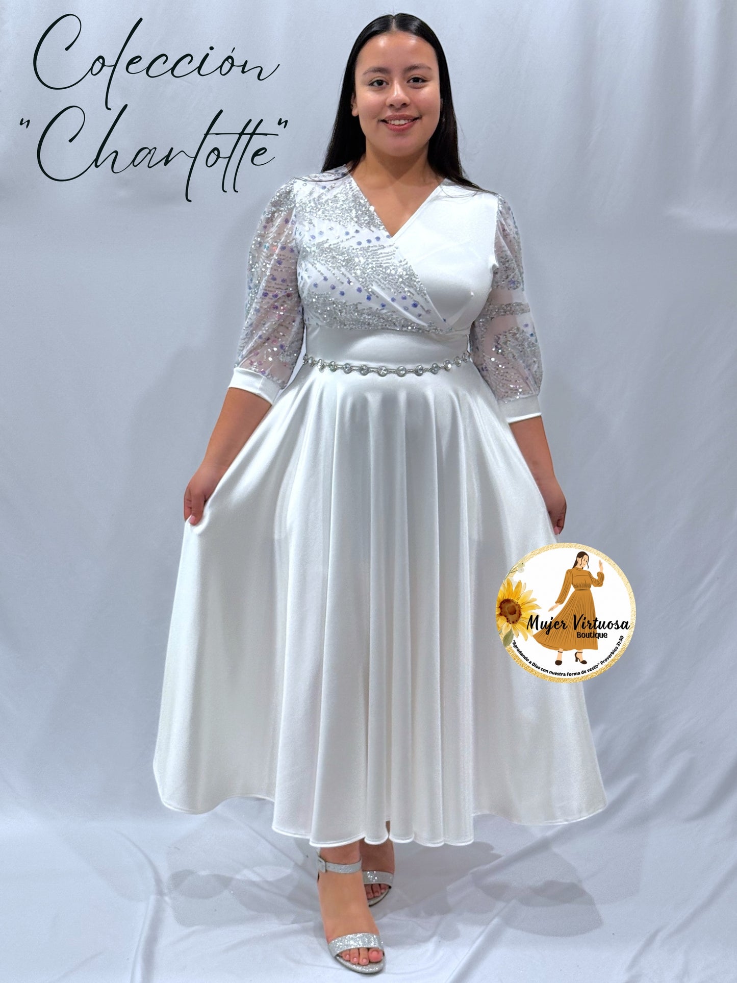 Charlotte White Sequin Satin Dress