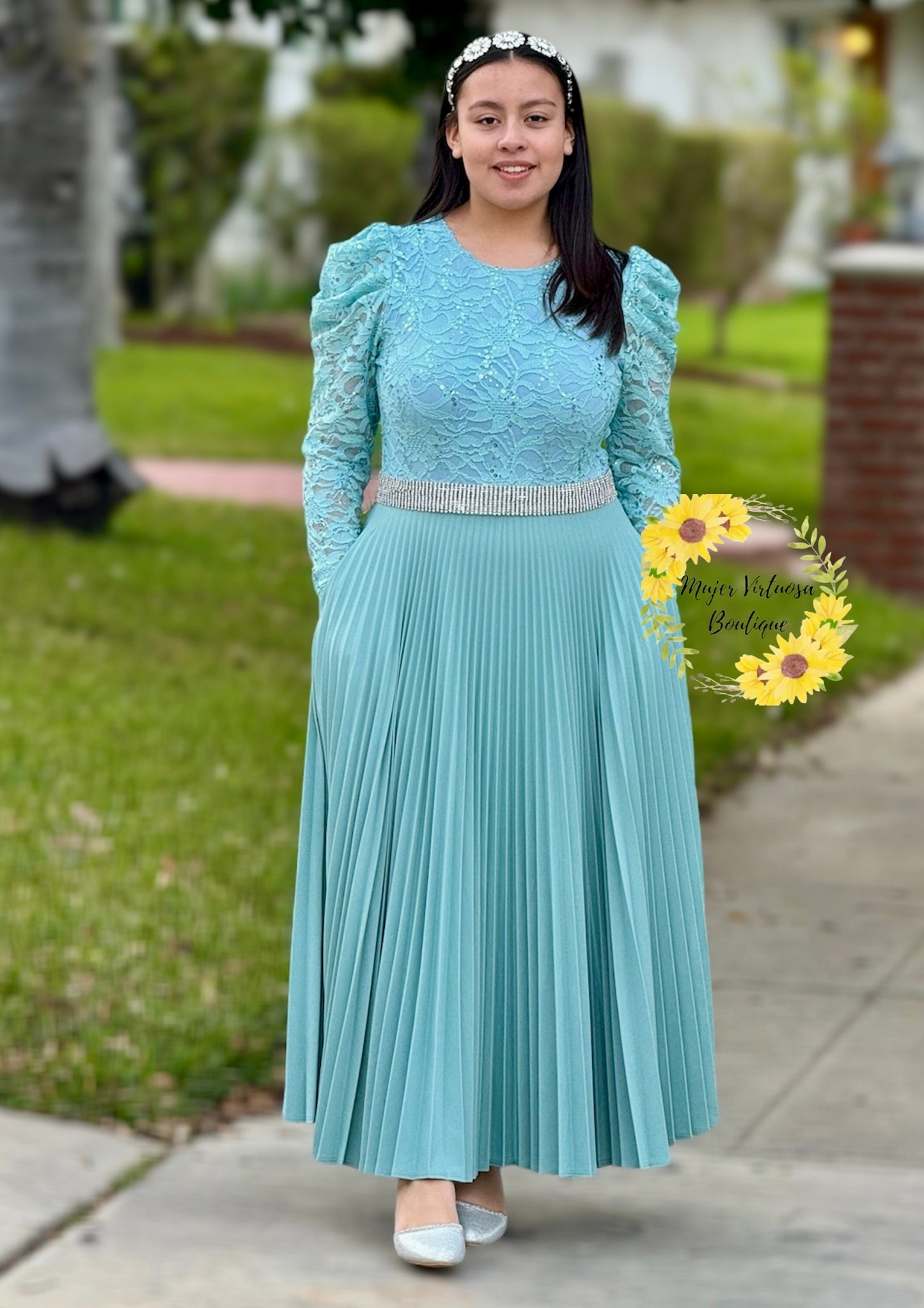 Ophelia Aqua Pleated Lace Dress